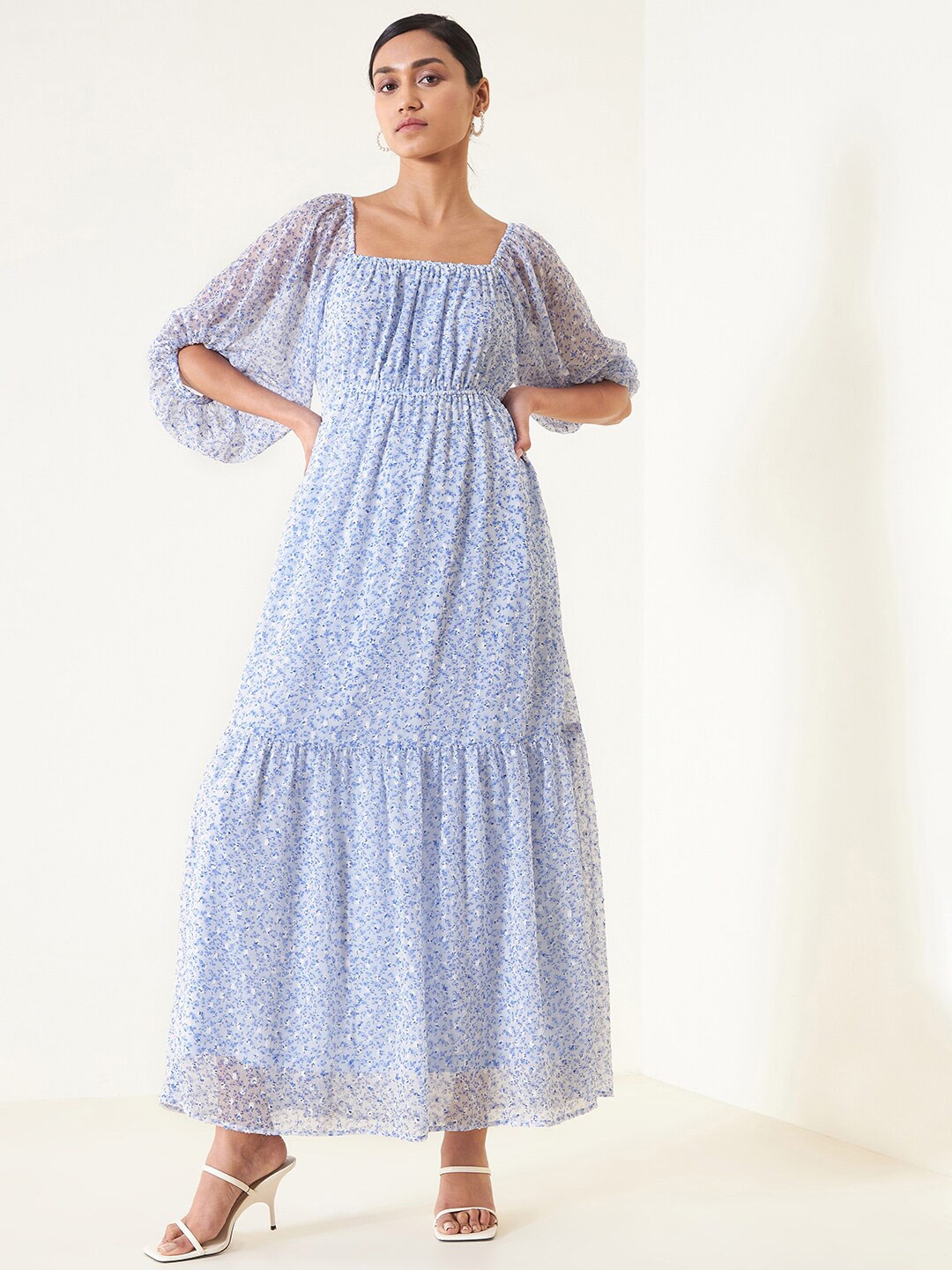 

Femella Ethnic Motifs Print Puff Sleeve Maxi Dress, Blue