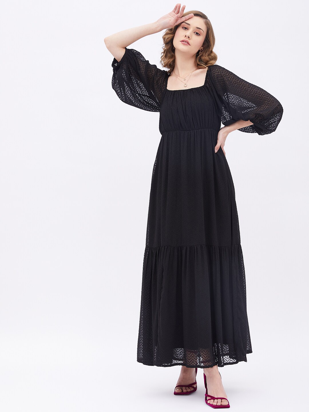 

Femella Self Design Puff Sleeves Gathered Tiered Fit & Flare Maxi Dress, Black