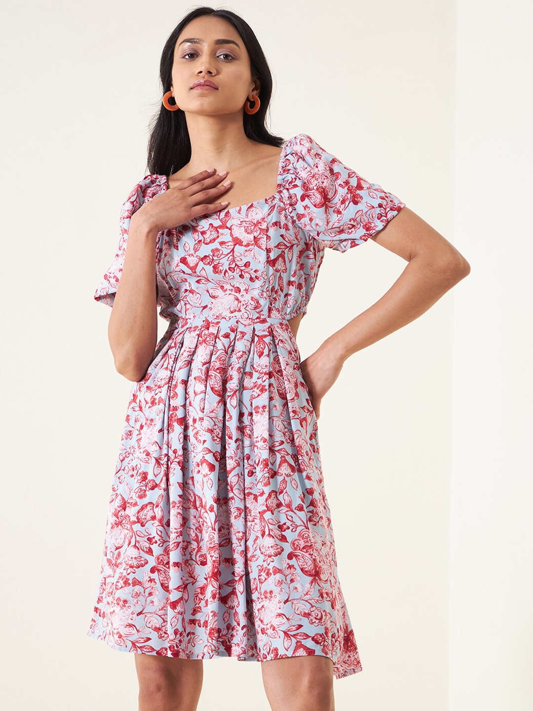 

Femella Floral Printed Cut-Out Detail Fit & Flare Dress, Blue