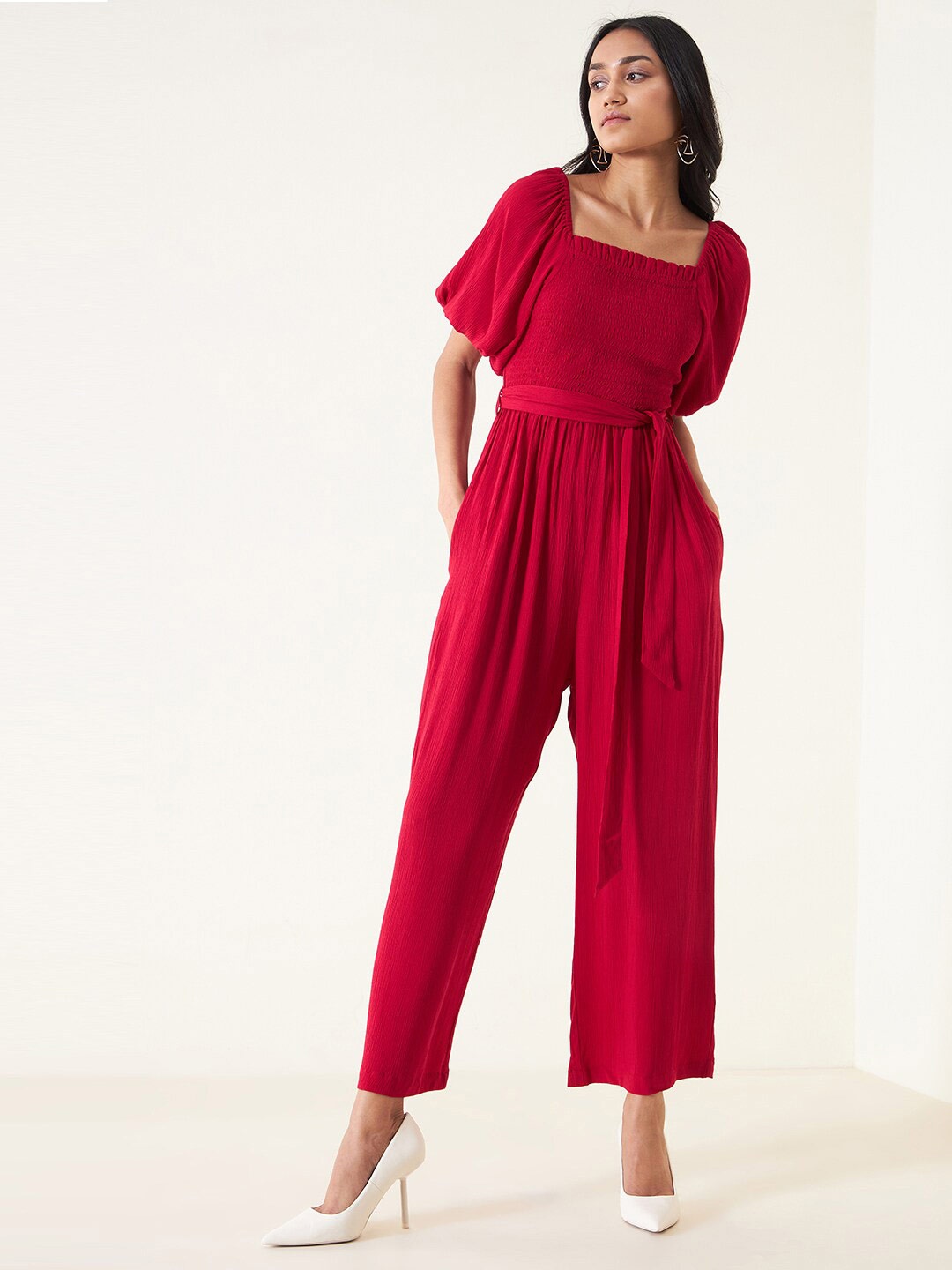 

Femella Square Neck Puff Sleeves Smocked Basic Jumpsuit, Red