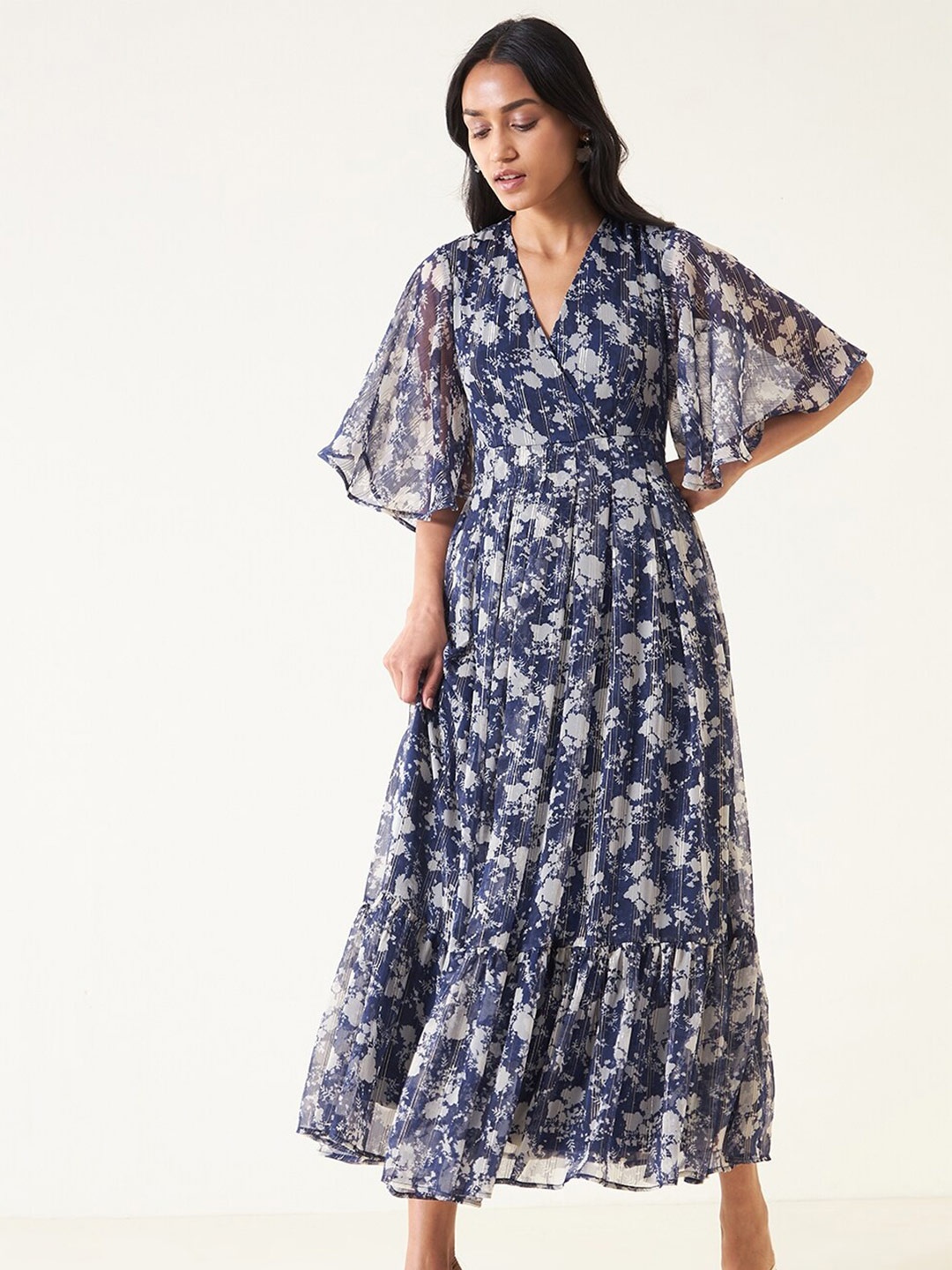 

Femella Floral Printed Flared Sleeves Gathered Fit & Flare Midi Dress, Navy blue