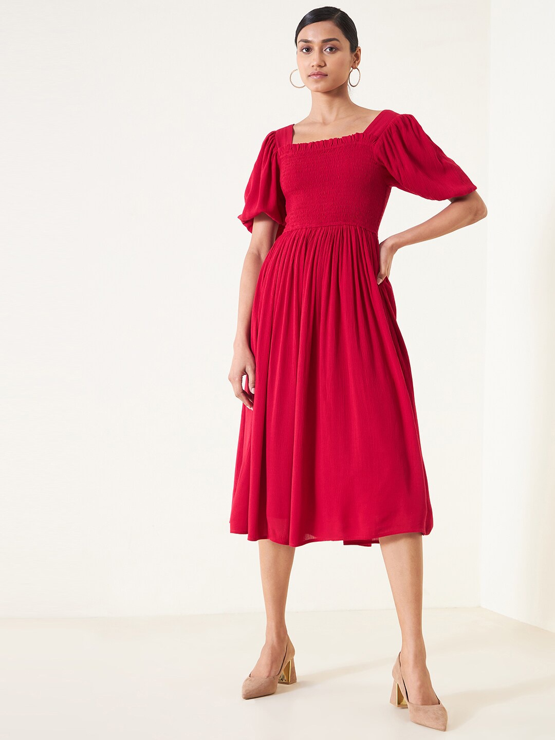 

Femella Puff Sleeves Smocked Fit & Flare Midi Dress, Red