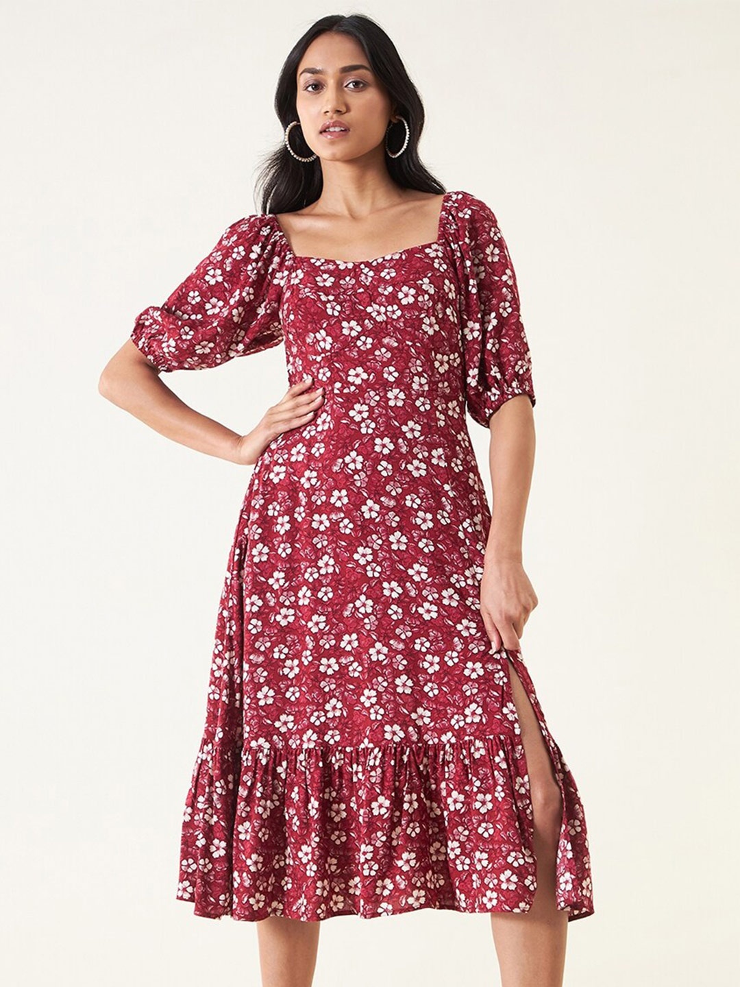 

Femella Floral Print Puff Sleeve Fit & Flare Midi Dress, Red