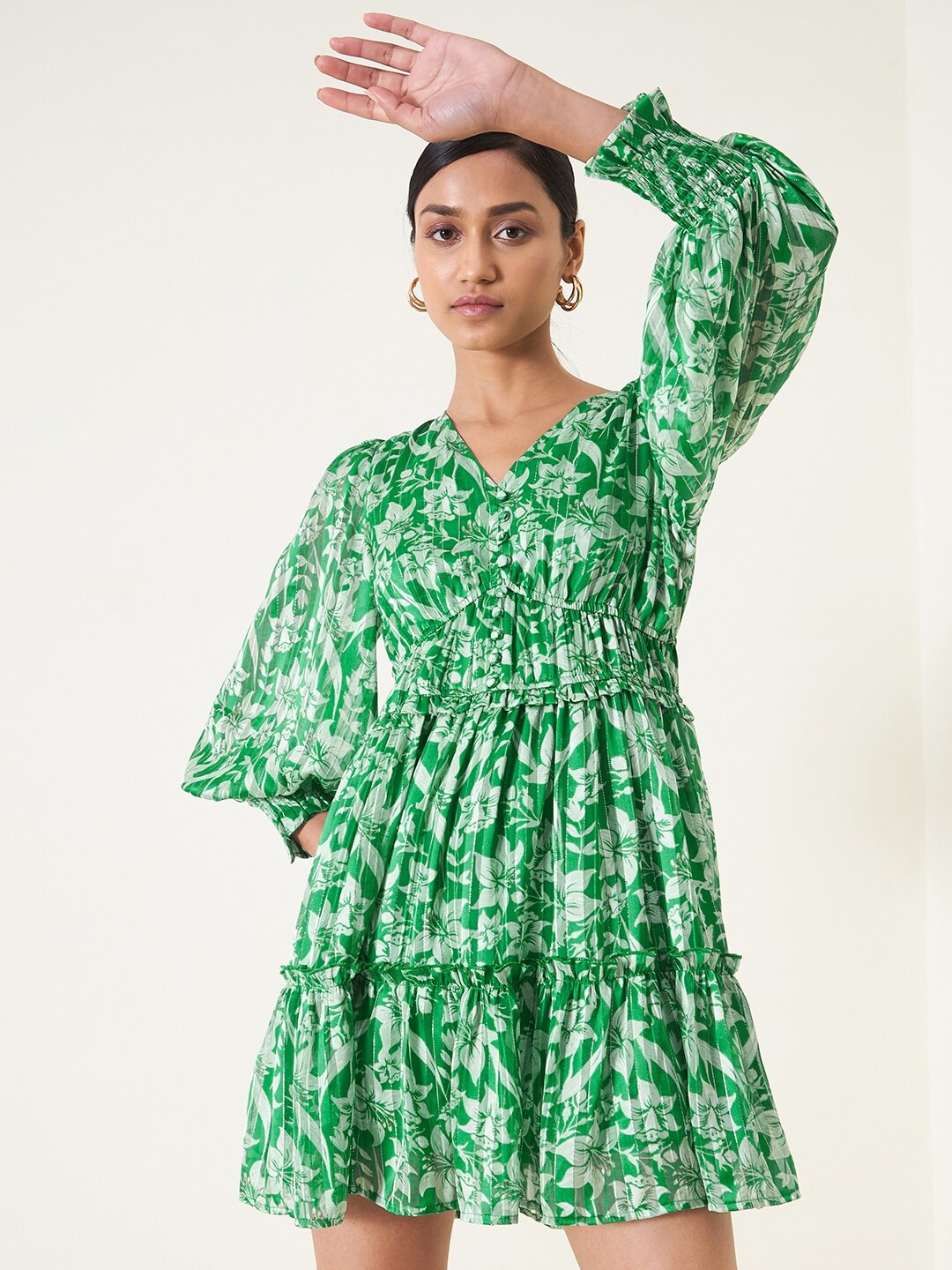 

Femella Floral Printed Puff Sleeves Tiered Fit & Flare Mini Dress, Green