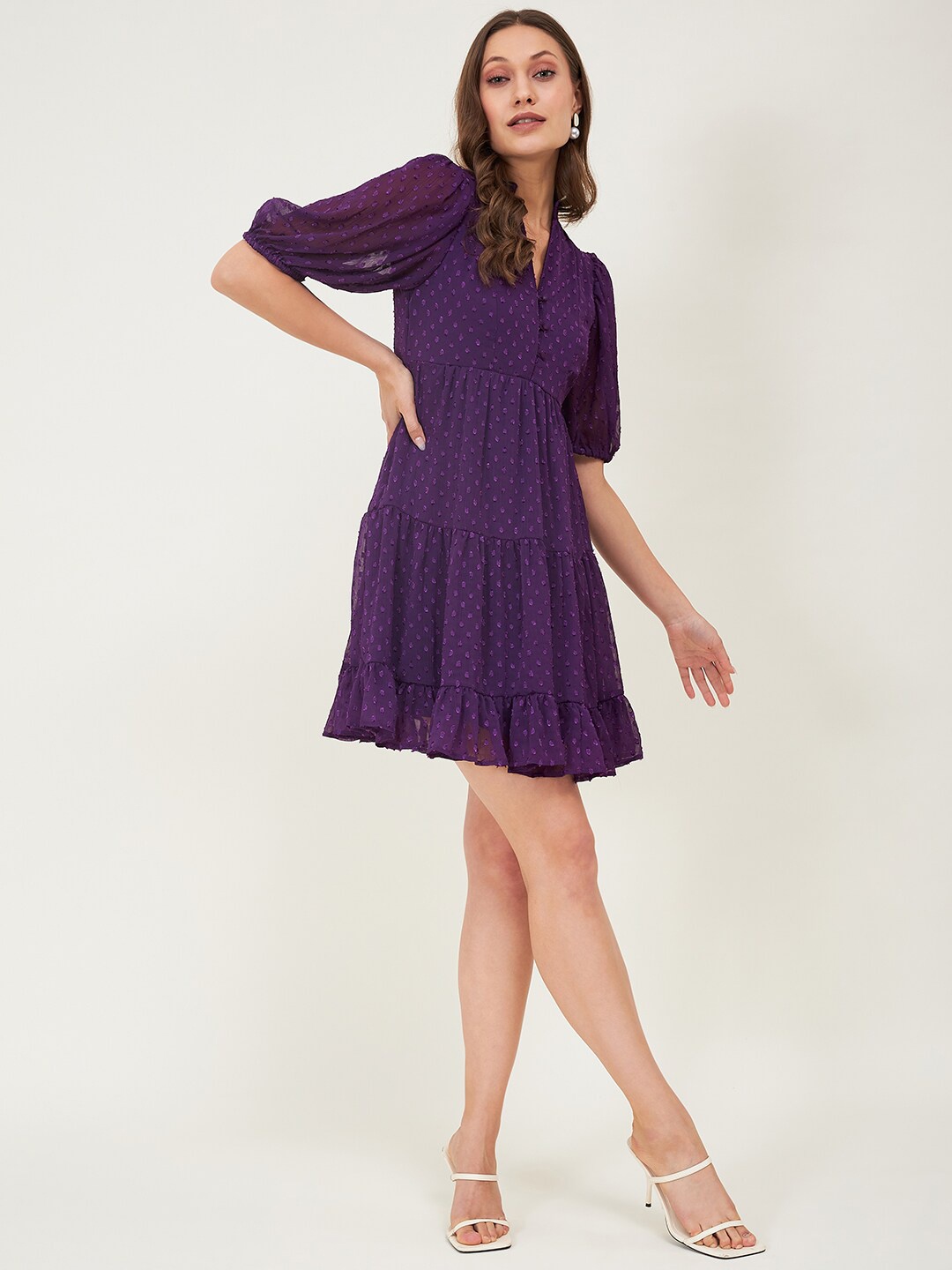 

Femella Self Design Mandarin Collar Tiered Fit & Flare Mini Dress, Purple