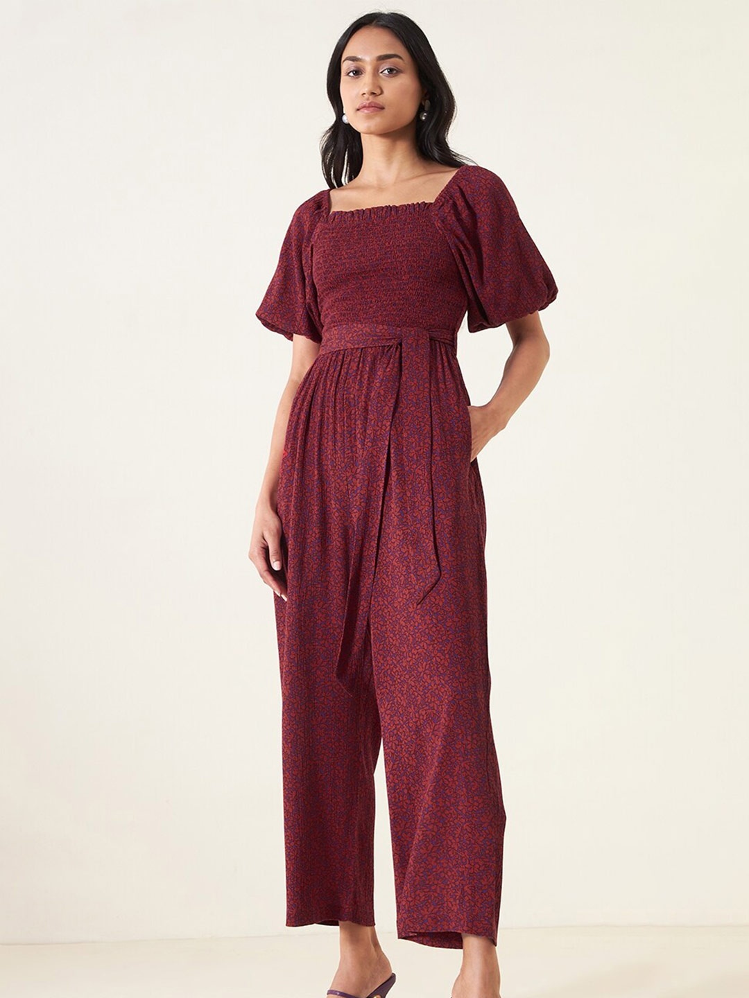 

Femella Square Neck Puff Sleeves Smocked Basic Jumpsuit, Rust
