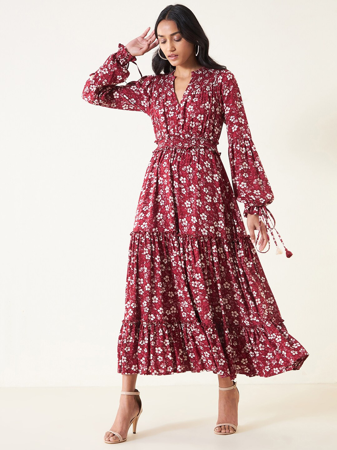 

Femella Floral Printed Puff Sleeves Tiered Fit & Flare Maxi Dress, Red