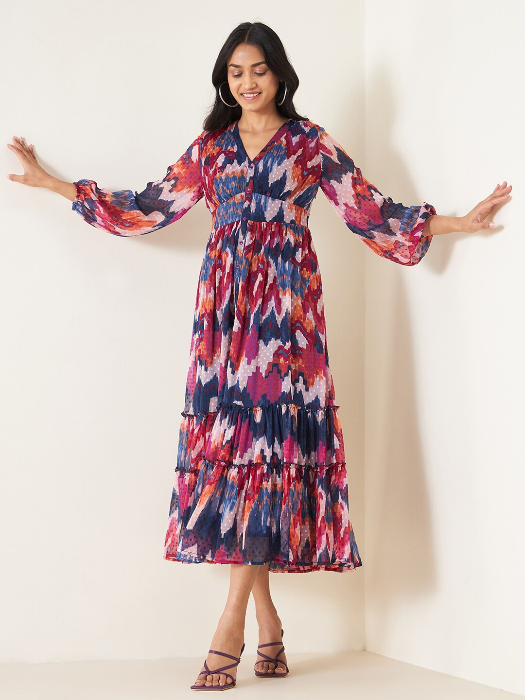 

Femella Abstract Printed Puff Sleeves Tiered Empire Midi Dress, Blue