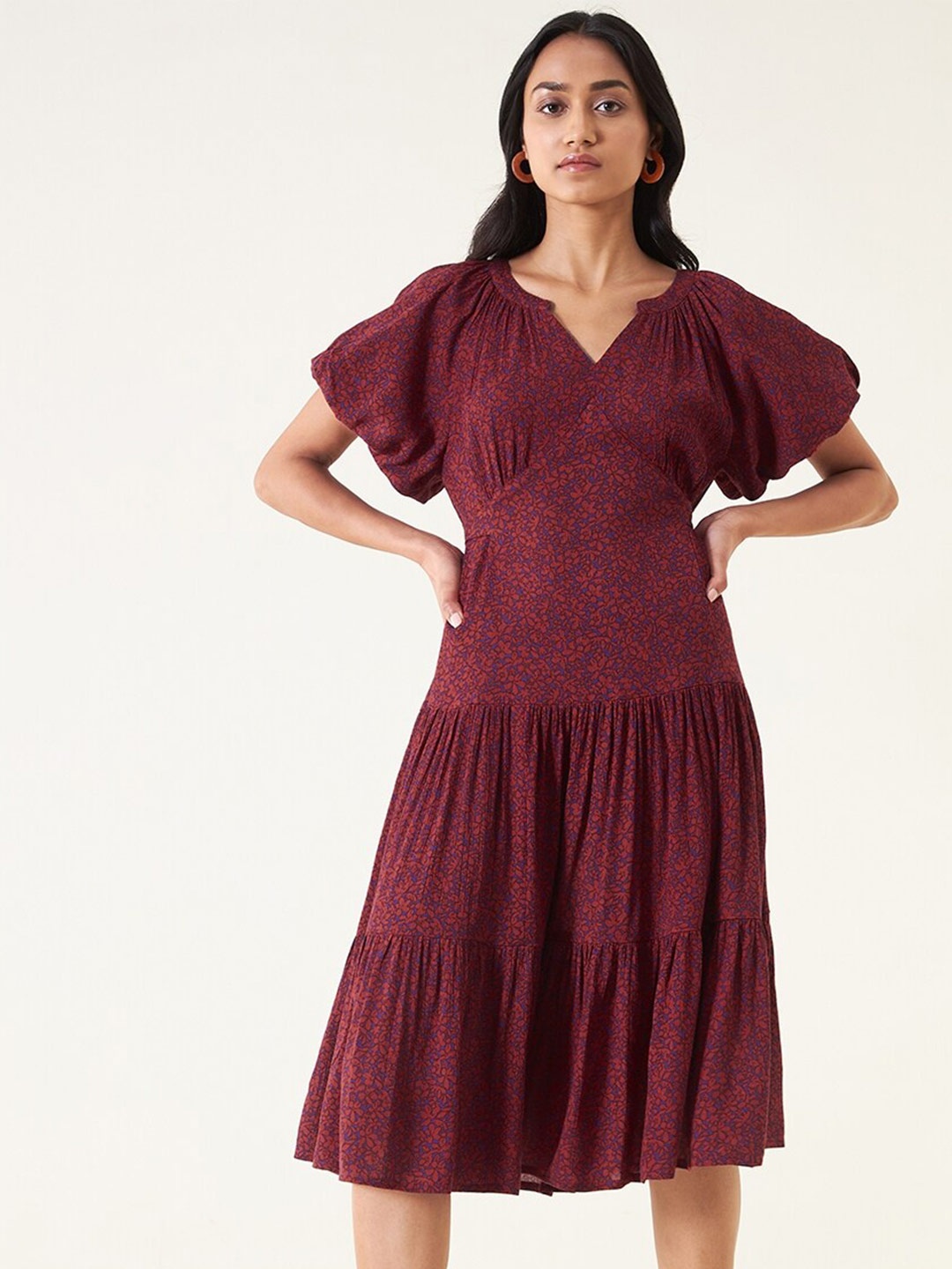 

Femella Floral Printed Puff Sleeves Tiered Empire Dress, Maroon
