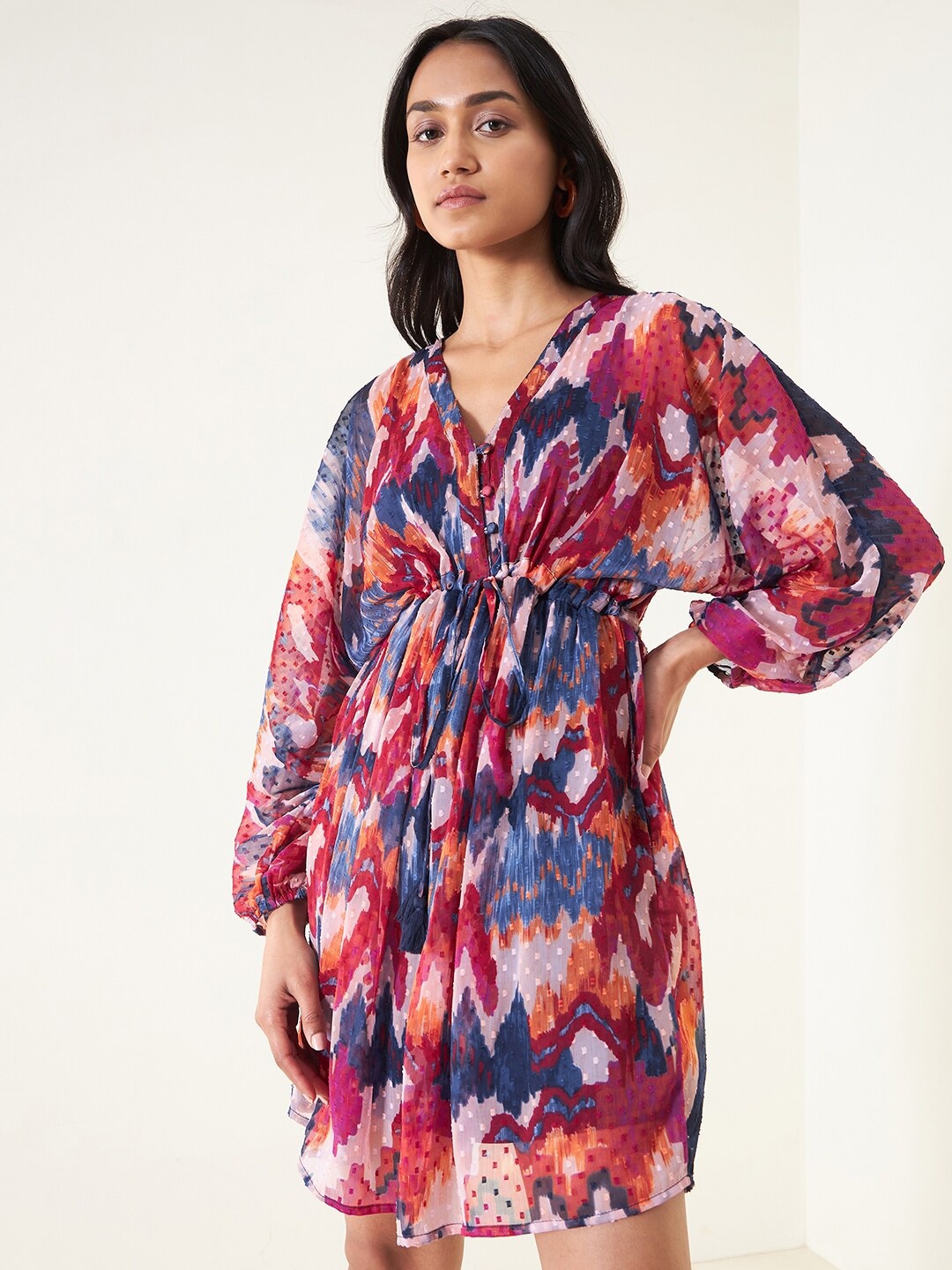 

Femella Abstract Printed Kimono Sleeves Empire Mini Dress, Blue