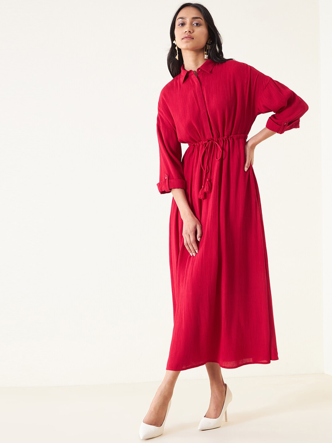 

Femella Roll-Up Sleeves Shirt Maxi Dress, Red