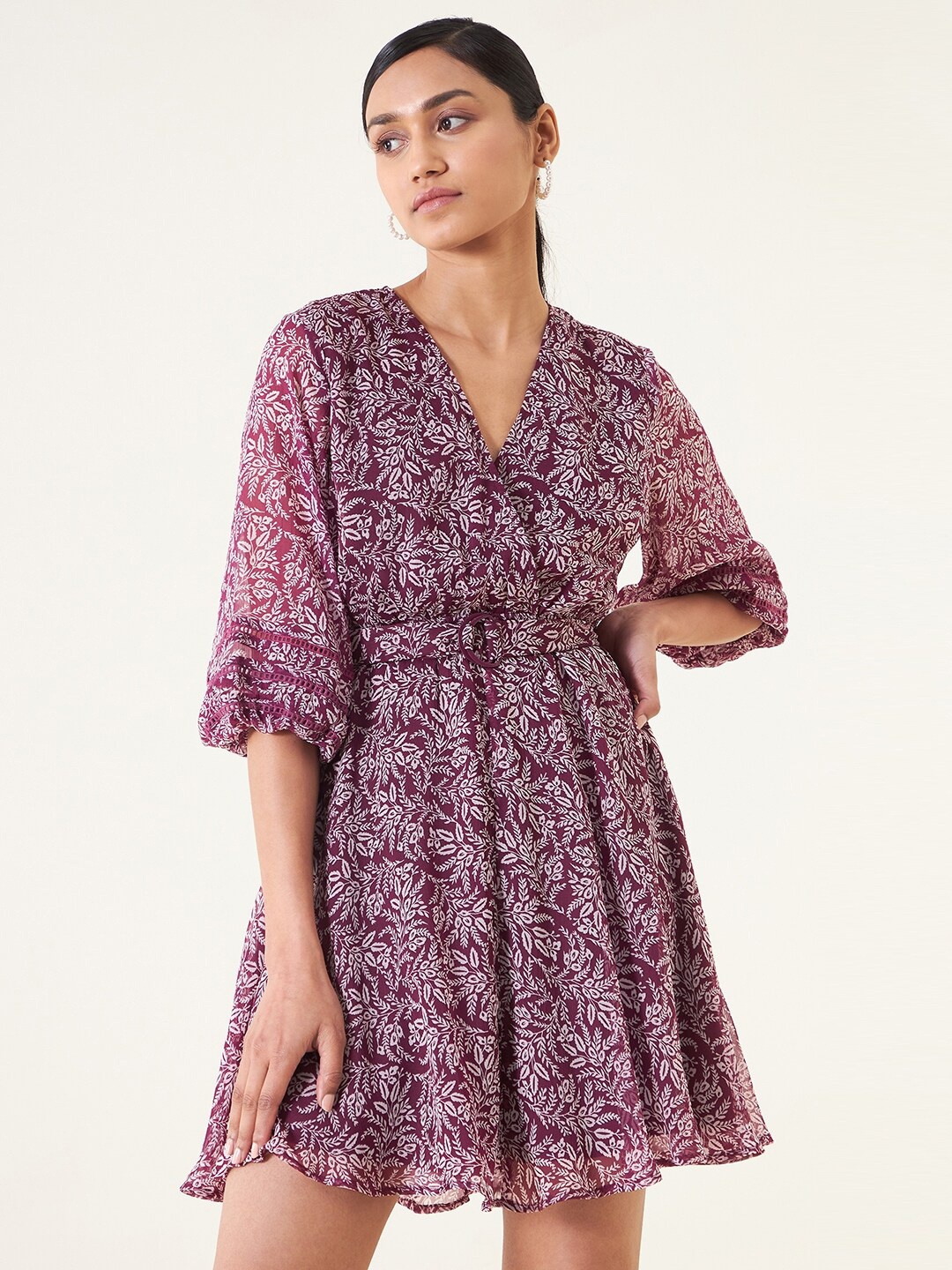 

Femella Floral Printed V-Neck Wrap Mini Dress, Maroon