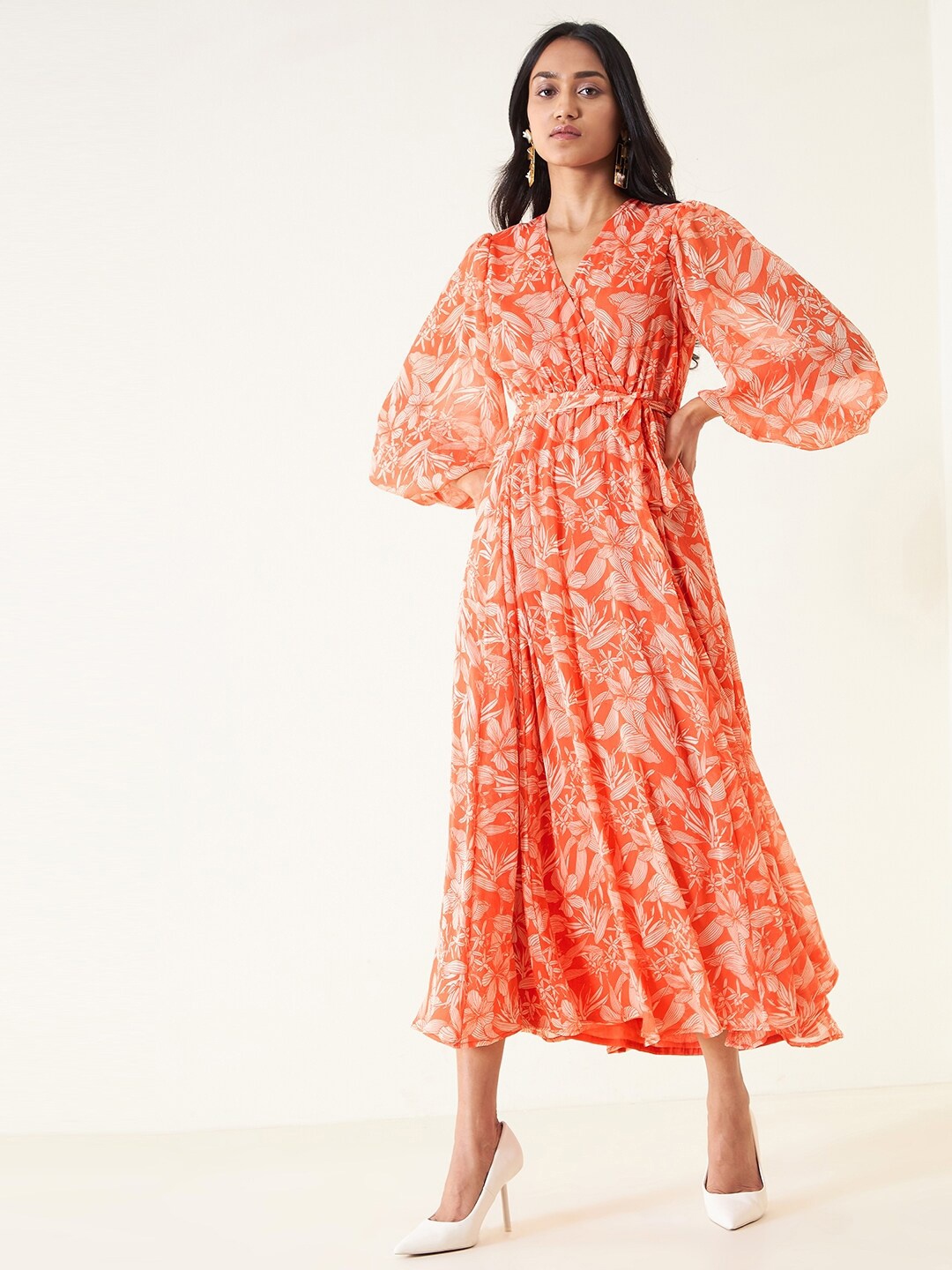 

Femella Floral Print Flared Sleeve Maxi Midi Dress, Orange