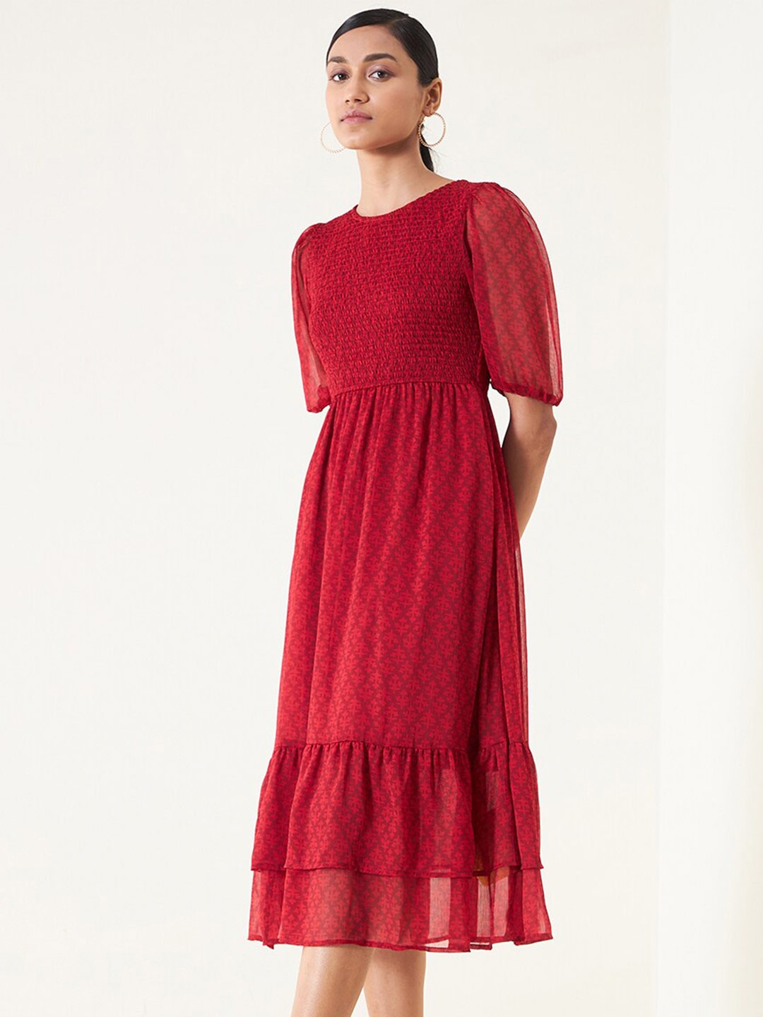 

Femella Floral Printed Smocked Puff Sleeves Fit & Flare Midi Dress, Red