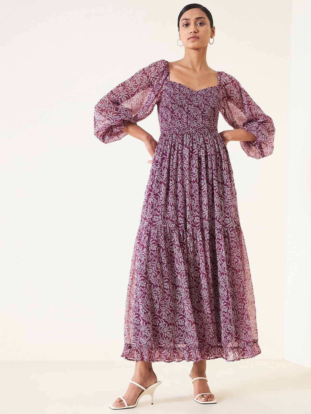 

Femella Floral Printed Smocked Puff Sleeves Tiered Fit & Flare Maxi Dress, Maroon