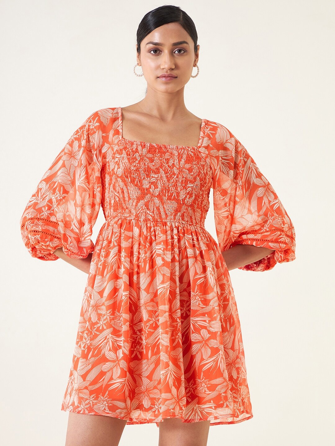 

Femella Floral Print Puff Sleeve Fit & Flare Dress, Orange