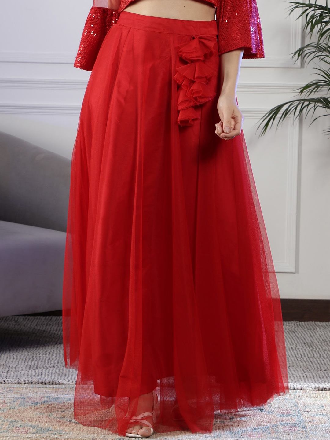 

NEUDIS Net Flared Maxi Skirt, Red
