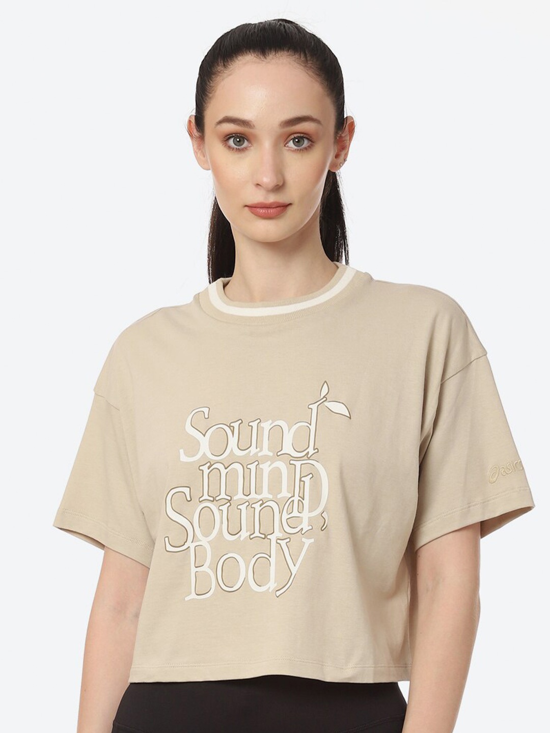 

ASICS Graphic Ss Tee Typography Printed Cotton Crop Top, Cream