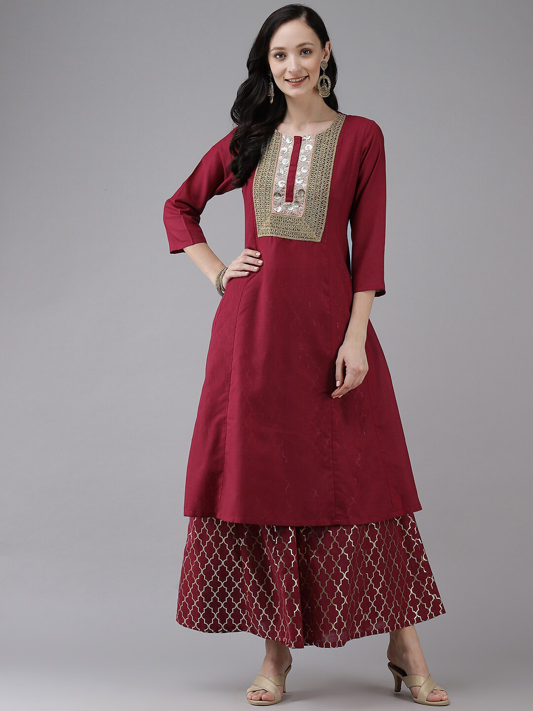 

Bhama Couture Yoke Design Lace Detail Sequined Kurta with Sharara, Maroon
