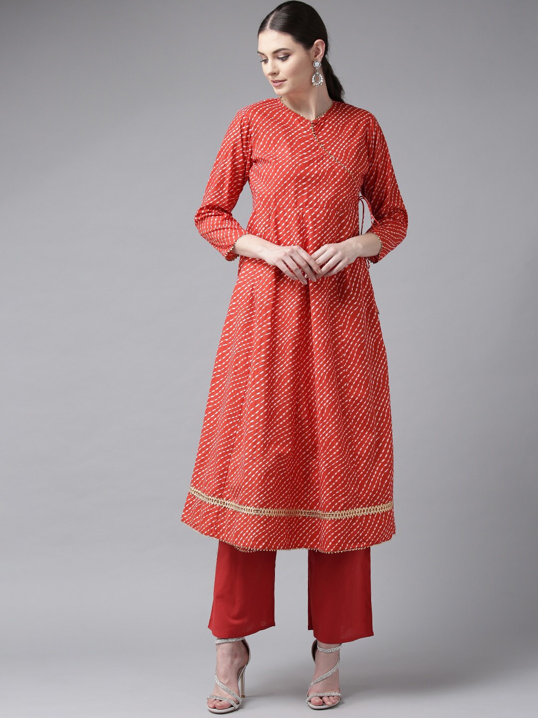 

Bhama Couture Leheriya Printed Angrakha Kurta with Palazzos, Red