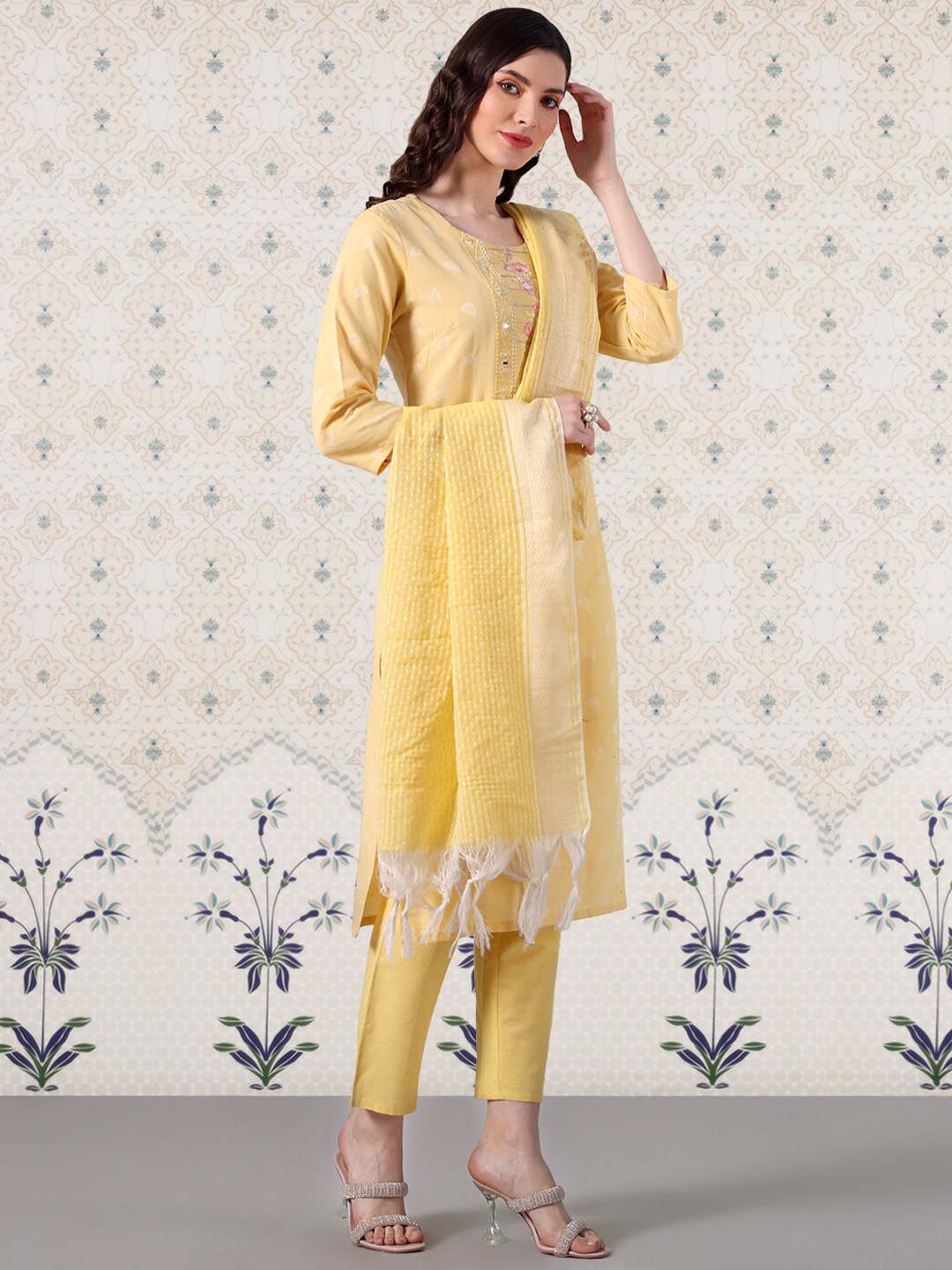 

Ode by House of Pataudi Embroidered Kurta & Trouser with Dupatta, Yellow