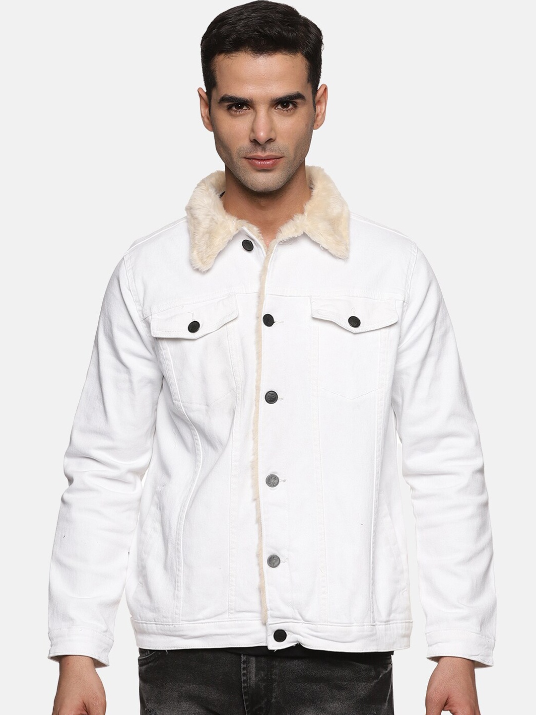 

KULTPRIT Cotton Denim Jacket With Faux Fur Trim, White