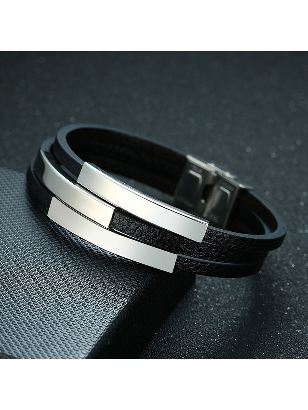 

ZIVOM Men Leather Silver-Plated Link Bracelet