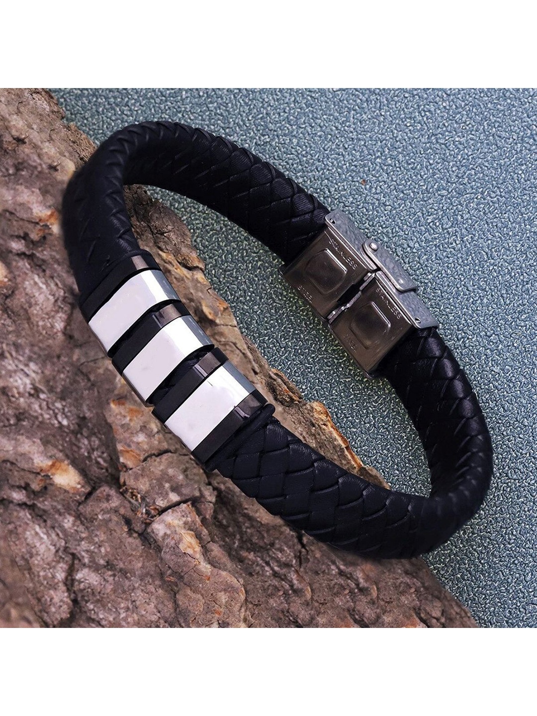 

ZIVOM Men Leather Silver-Plated Link Bracelet