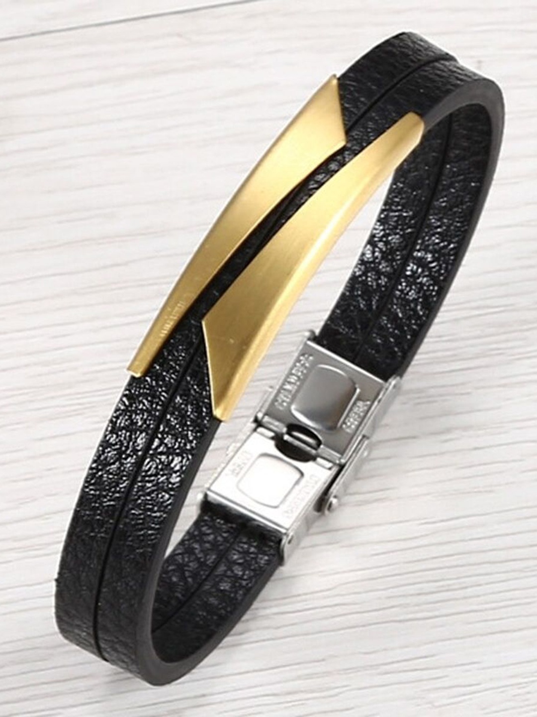 

ZIVOM Men Gold-Toned & Black Leather Gold-Plated Wraparound Bracelet