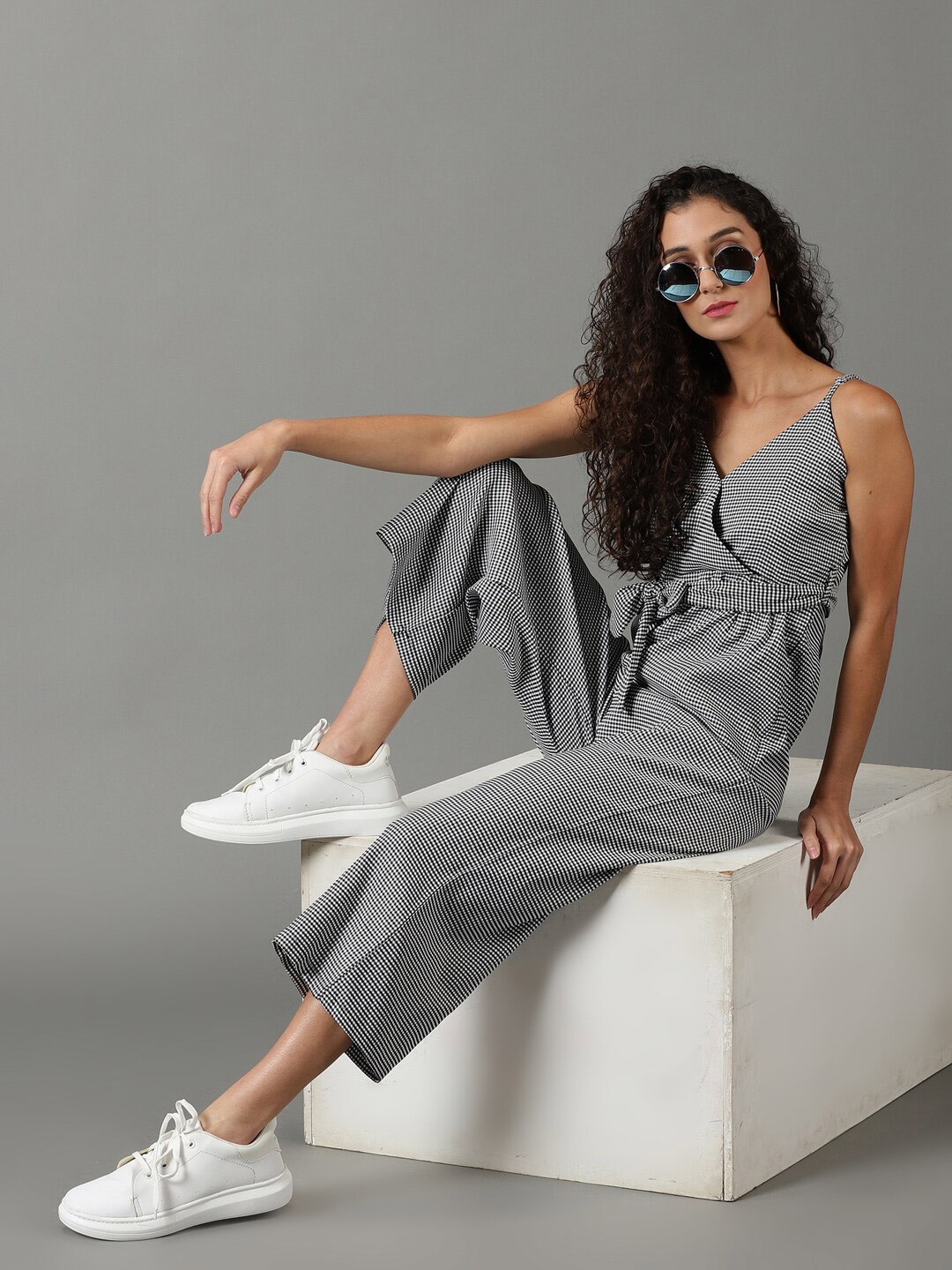 

SHOWOFF Checked Shoulder Strap Cotton Basic Jumpsuit With Waist Tie-Ups, White