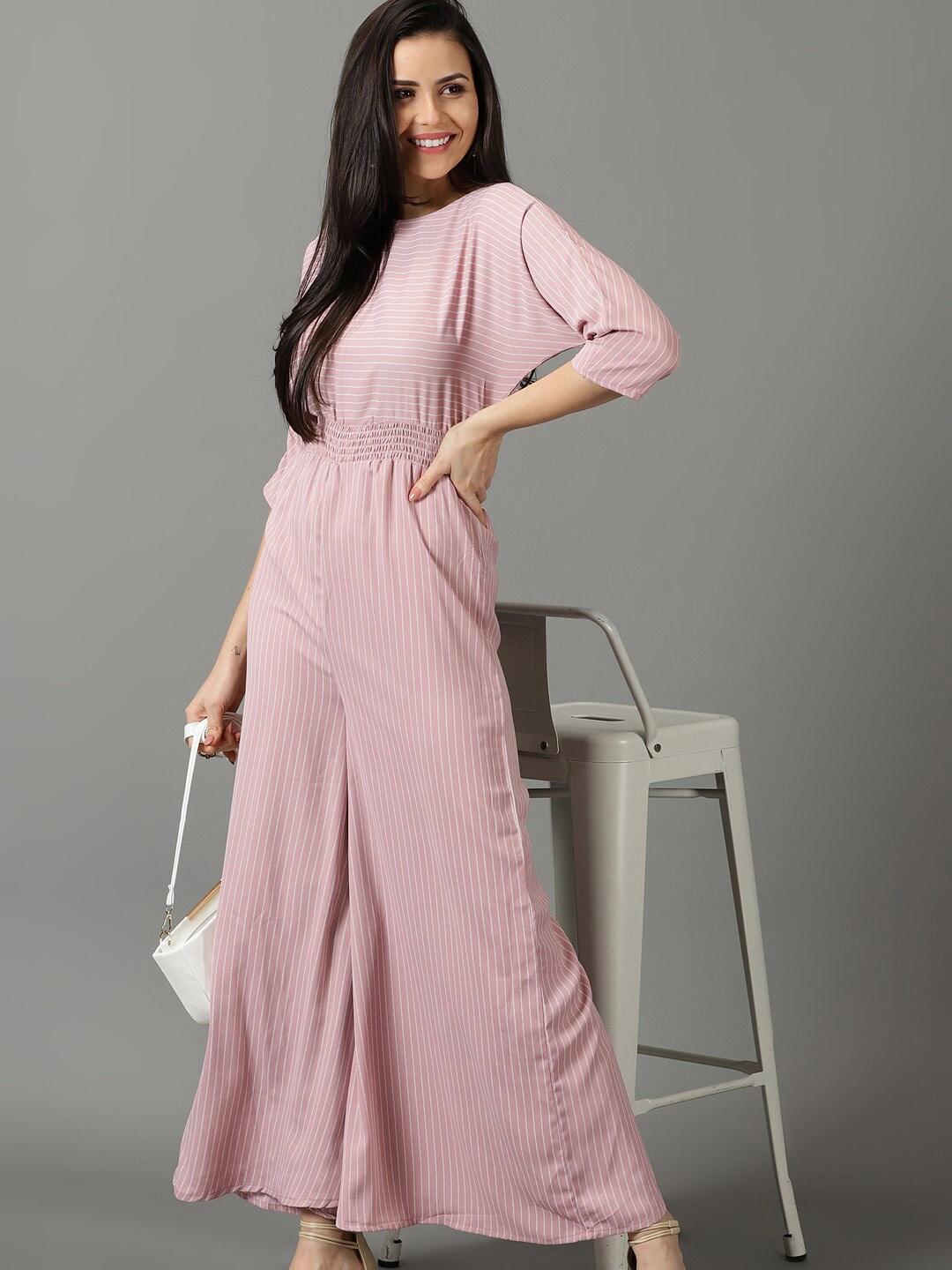 

SHOWOFF Striped Culotte Jumpsuit With Smocking, Pink