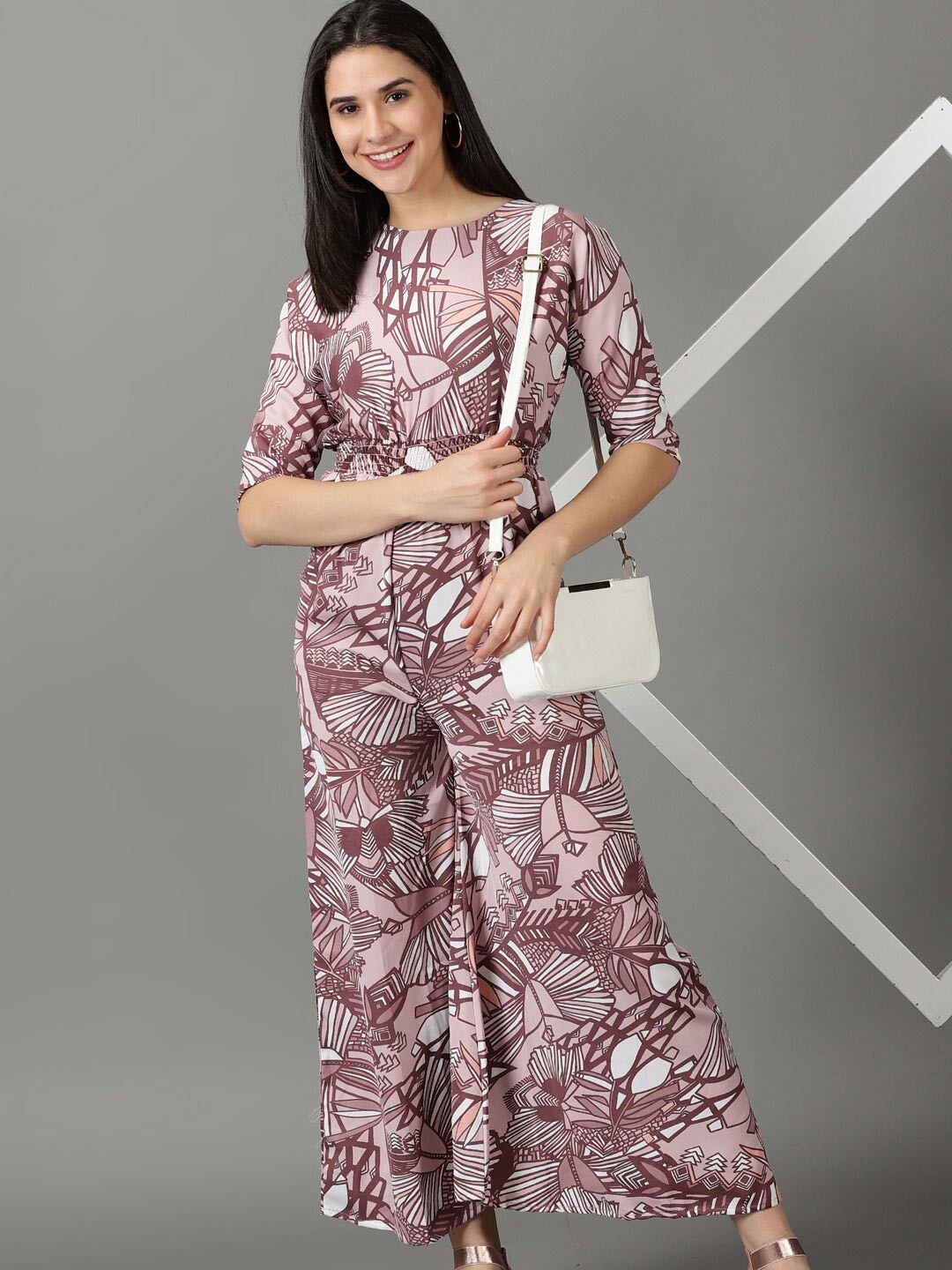 

SHOWOFF Floral Printed Basic Jumpsuit With Smocking, Mauve