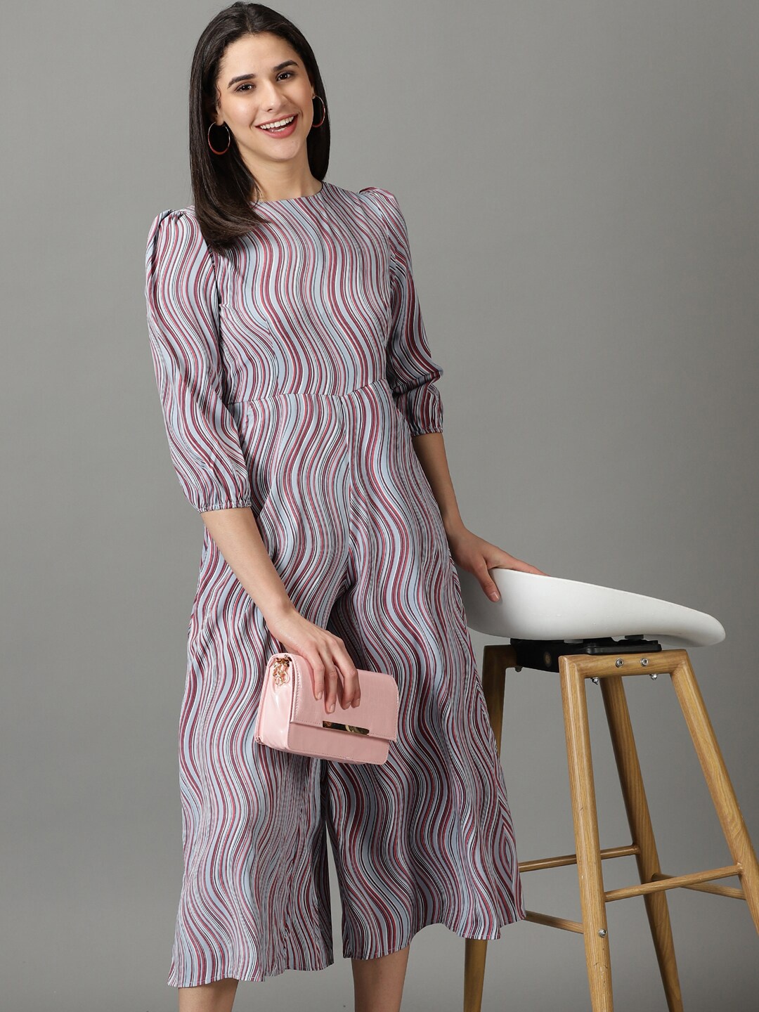 

SHOWOFF Striped Boat Neck Culotte Jumpsuit, Grey