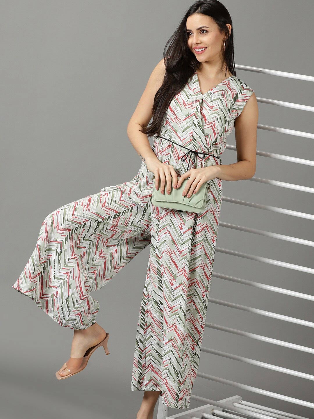 

SHOWOFF Geometric Printed Culotte Jumpsuit, White