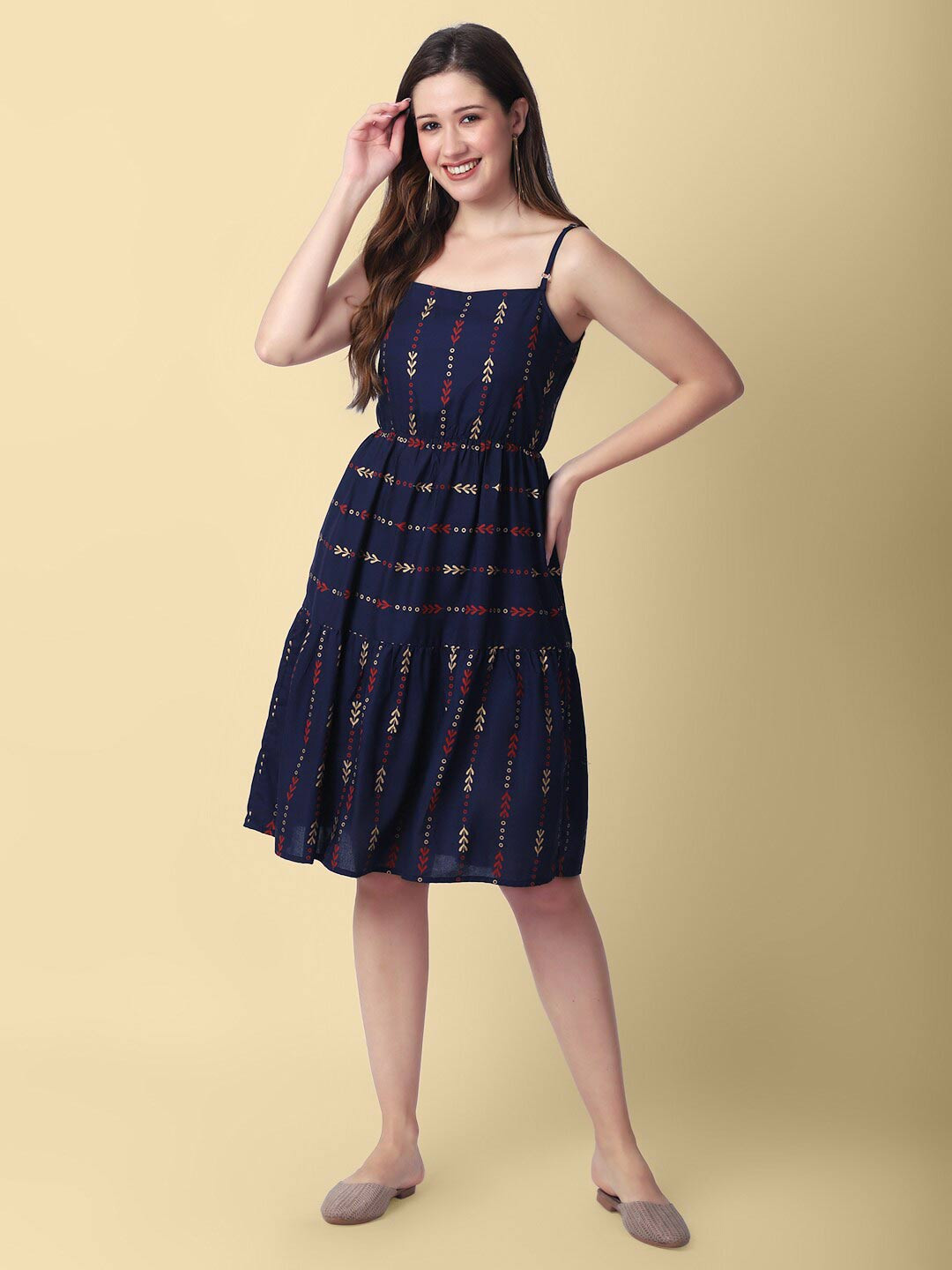 

DAEVISH Printed Fit & Flare Dress, Blue
