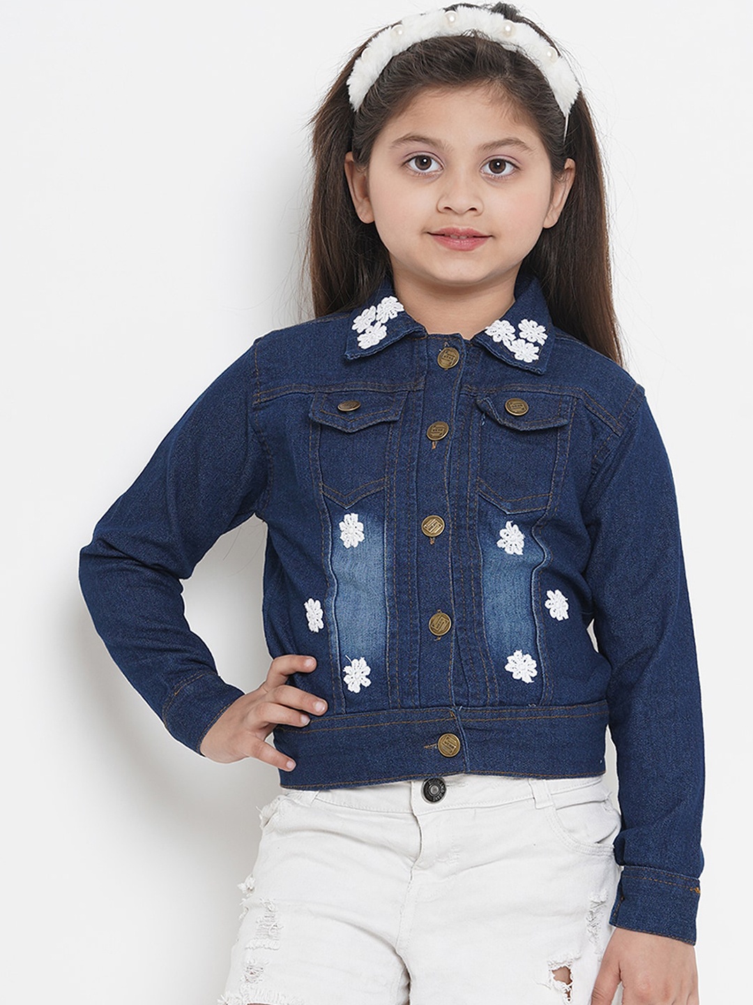 

Bitiya by Bhama Girls Washed Lightweight Denim Jacket with Patchwork, Blue