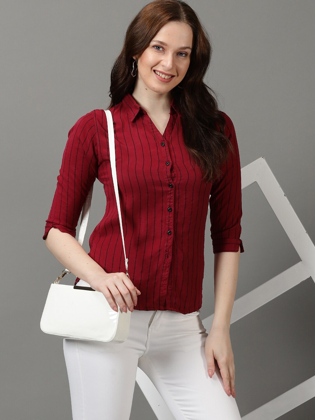 

SHOWOFF Spread Collar Striped Casual Shirt, Magenta