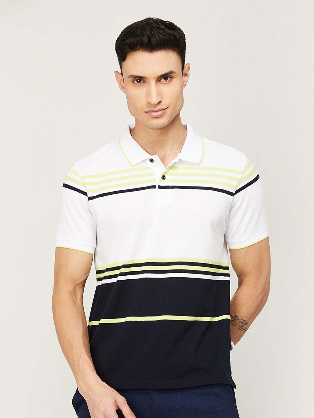 

Fame Forever by Lifestyle Striped Polo Collar Pure Cotton T-shirt, White