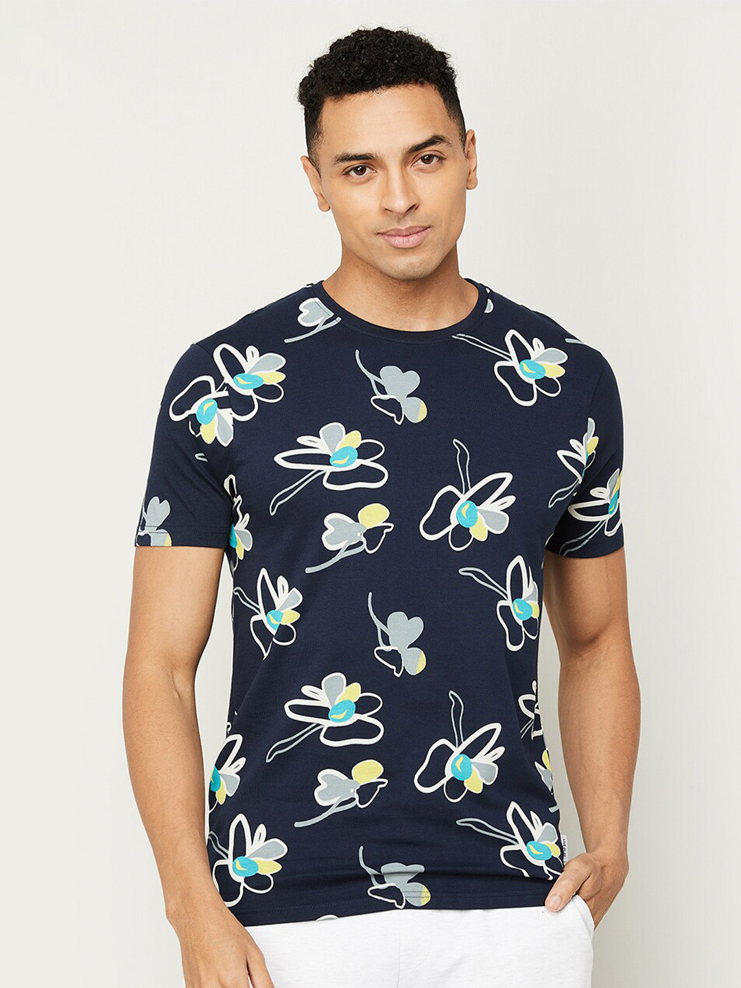 

Fame Forever by Lifestyle Floral Printed Pure Cotton T-shirt, Navy blue