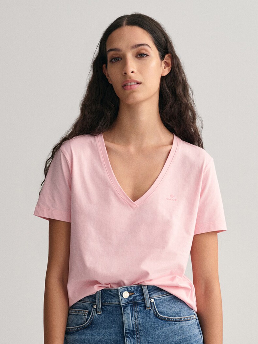 

GANT V-Neck Pure Cotton T-shirt, Pink