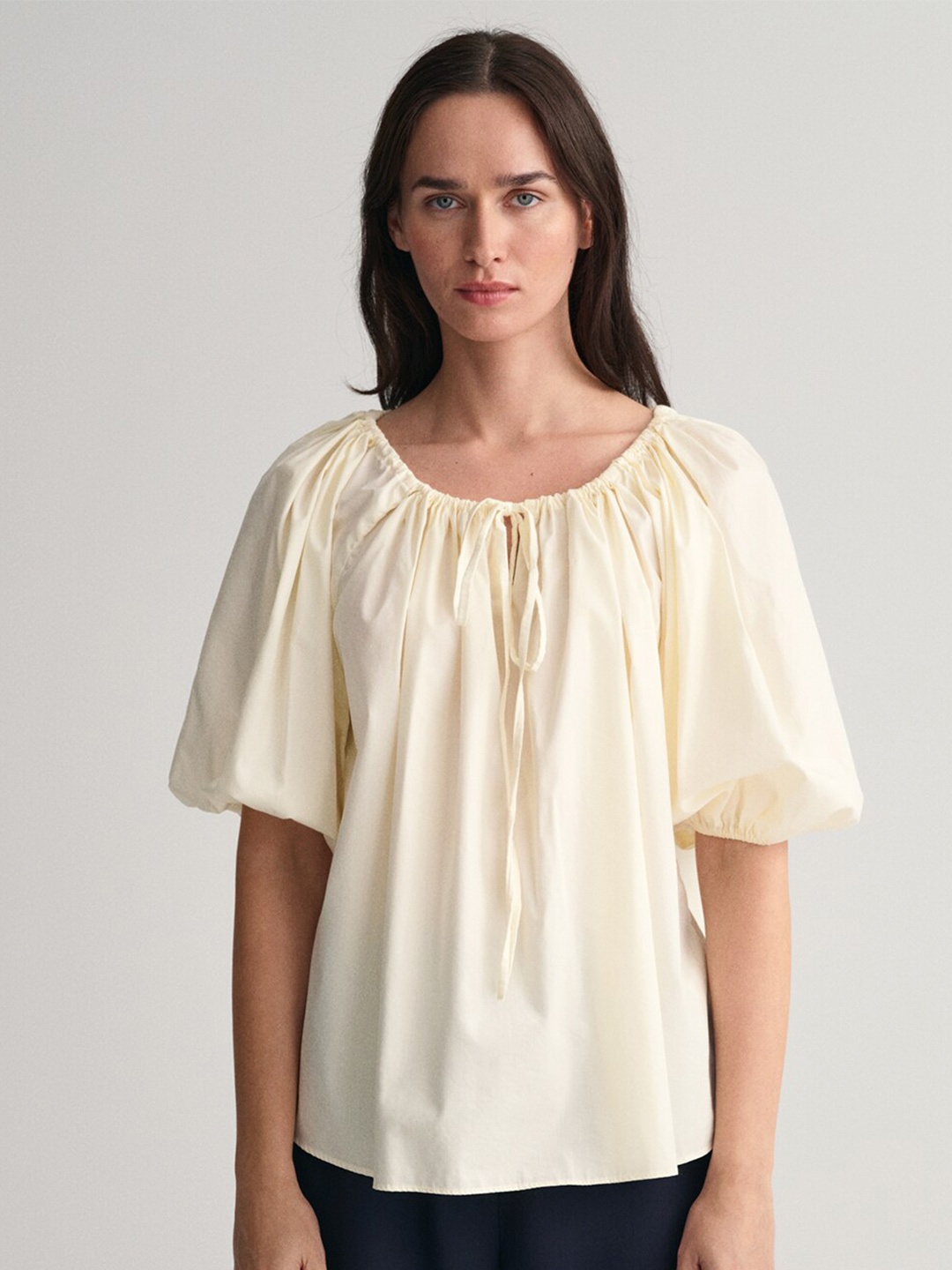 

GANT Round Neck Puff Sleeves Cotton Top, Cream