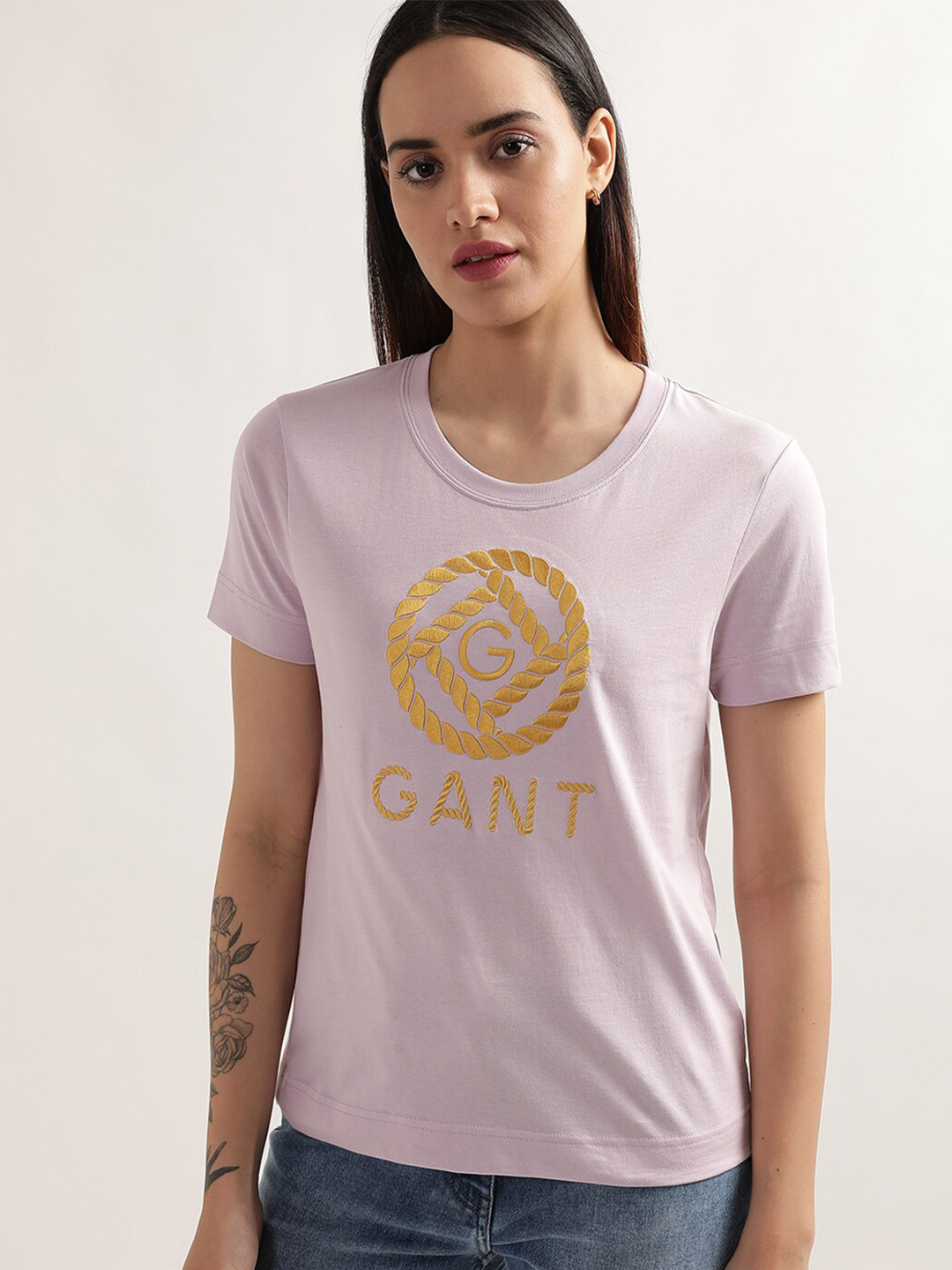 

GANT Brand Logo Embroidered Round Neck Pure Cotton T-shirt, Lavender