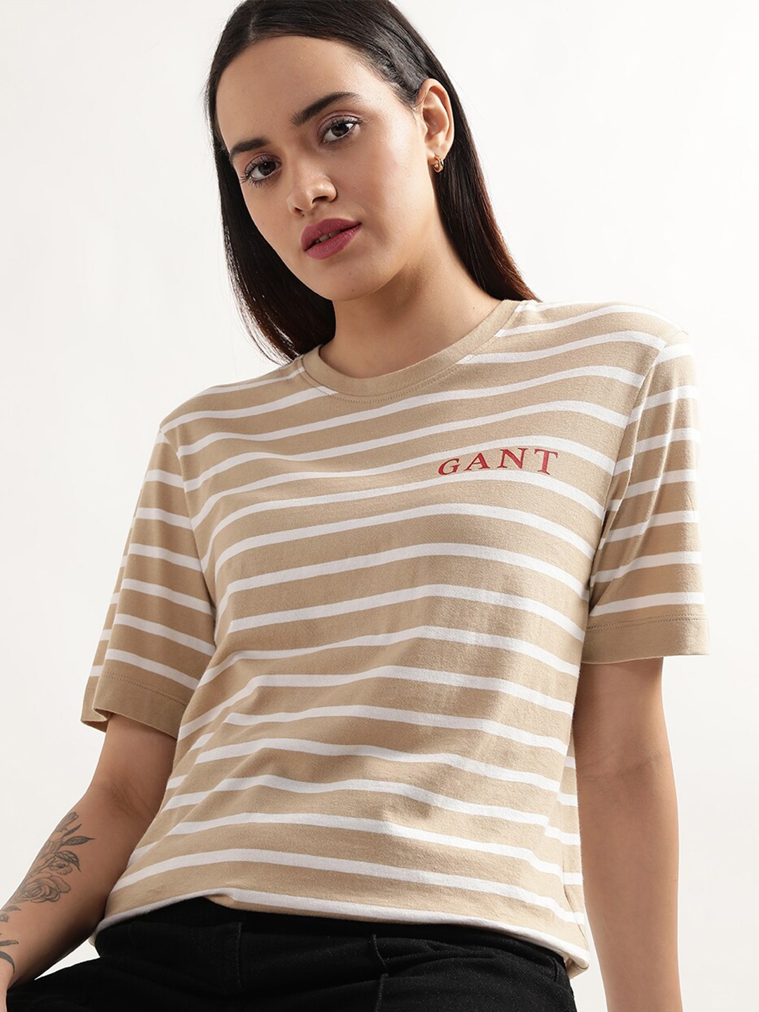 

GANT Striped Round Neck Pure Cotton T-shirt, Khaki
