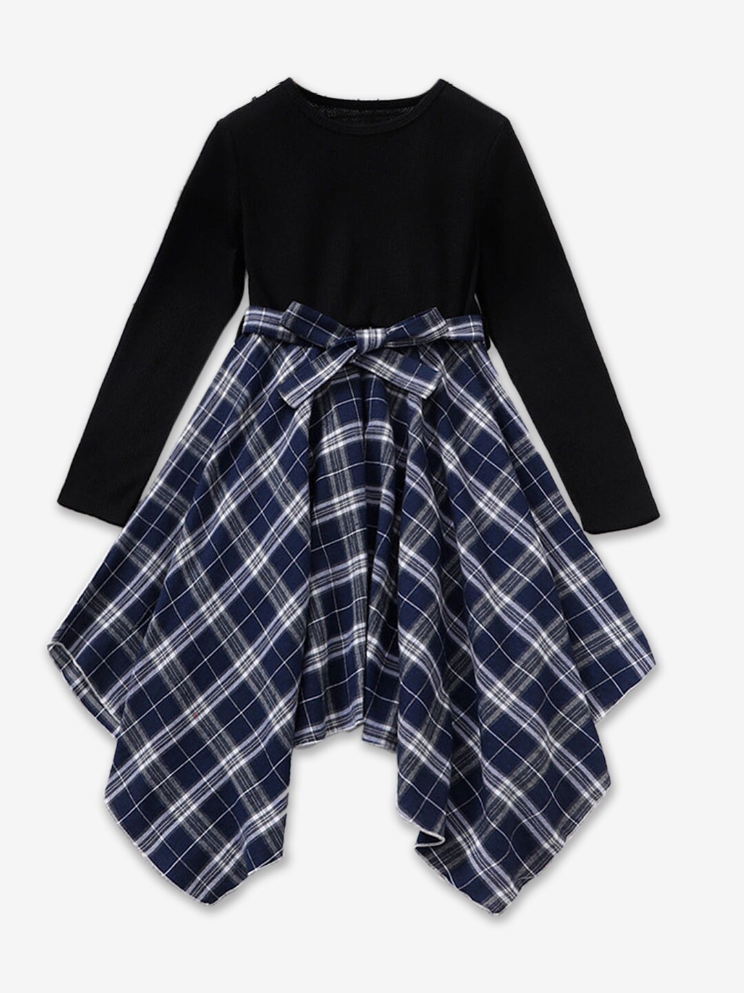 

Hopscotch Girls Checked Asymmetric Hem Fit & Flare Dress With Belt, Navy blue