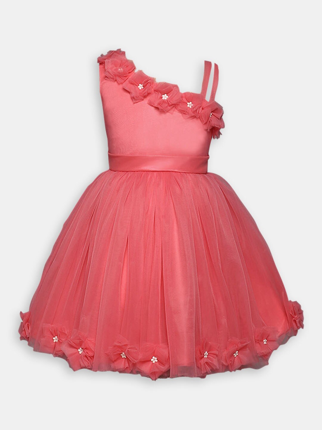 

Hopscotch Girls Shoulder Straps Floral Self Design Fit & Flare Dress, Pink