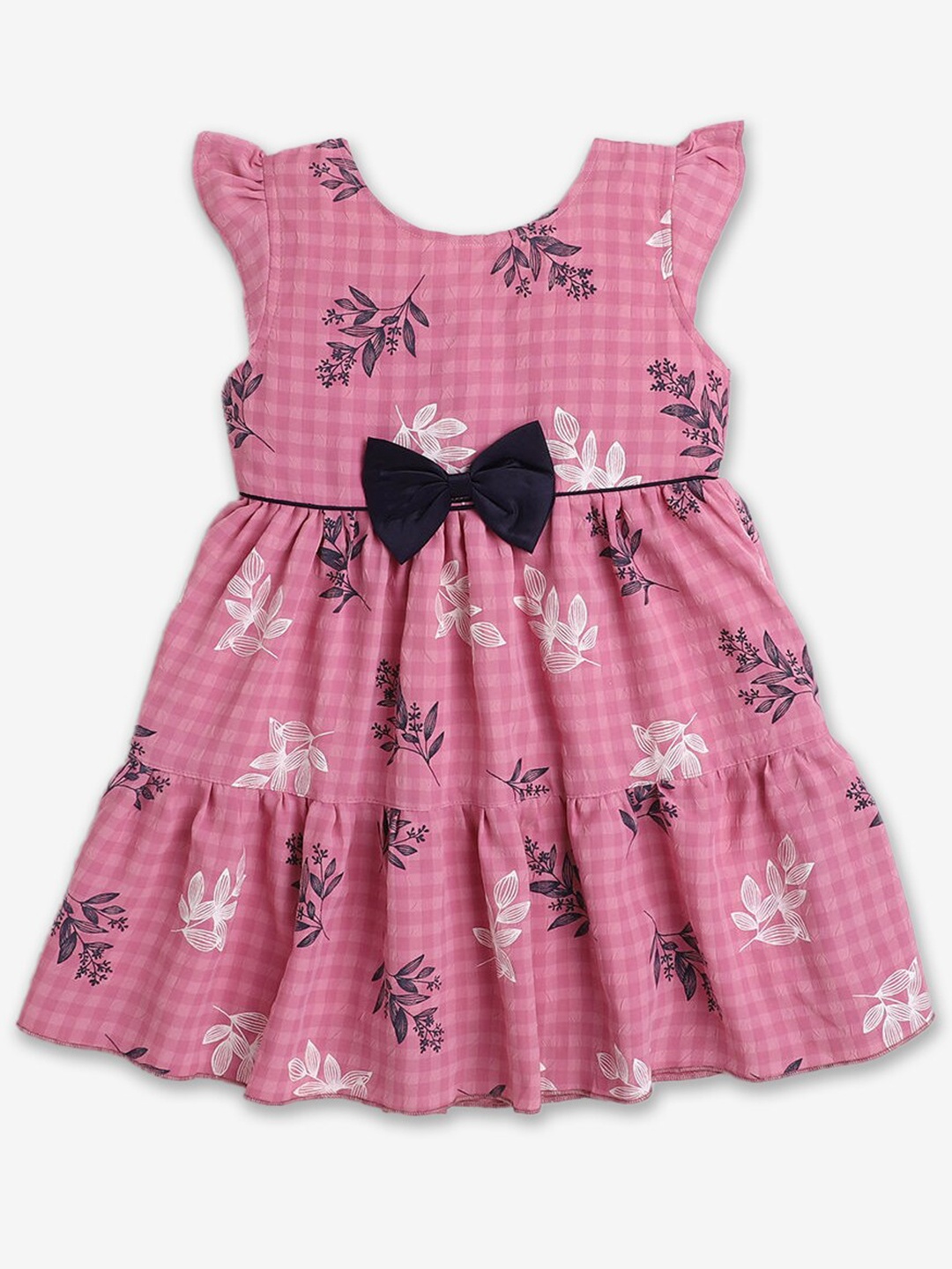

Hopscotch Girls Round Neck Checked & Floral Printed Tiered A-Line Dress, Pink