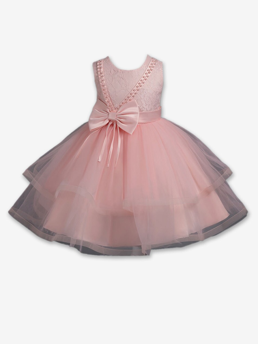 

Hopscotch Girls Round Neck Self Design Bow Fit & Flare Dress, Pink