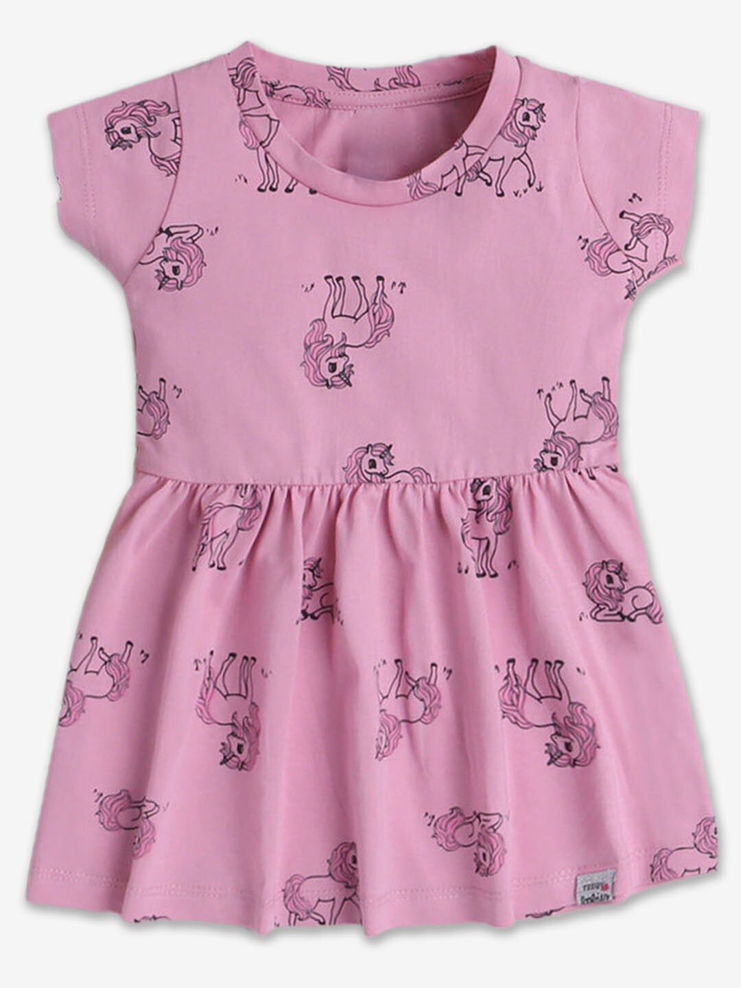 

Hopscotch Purple Conversational Printed Cotton Fit & Flare Dress, Pink