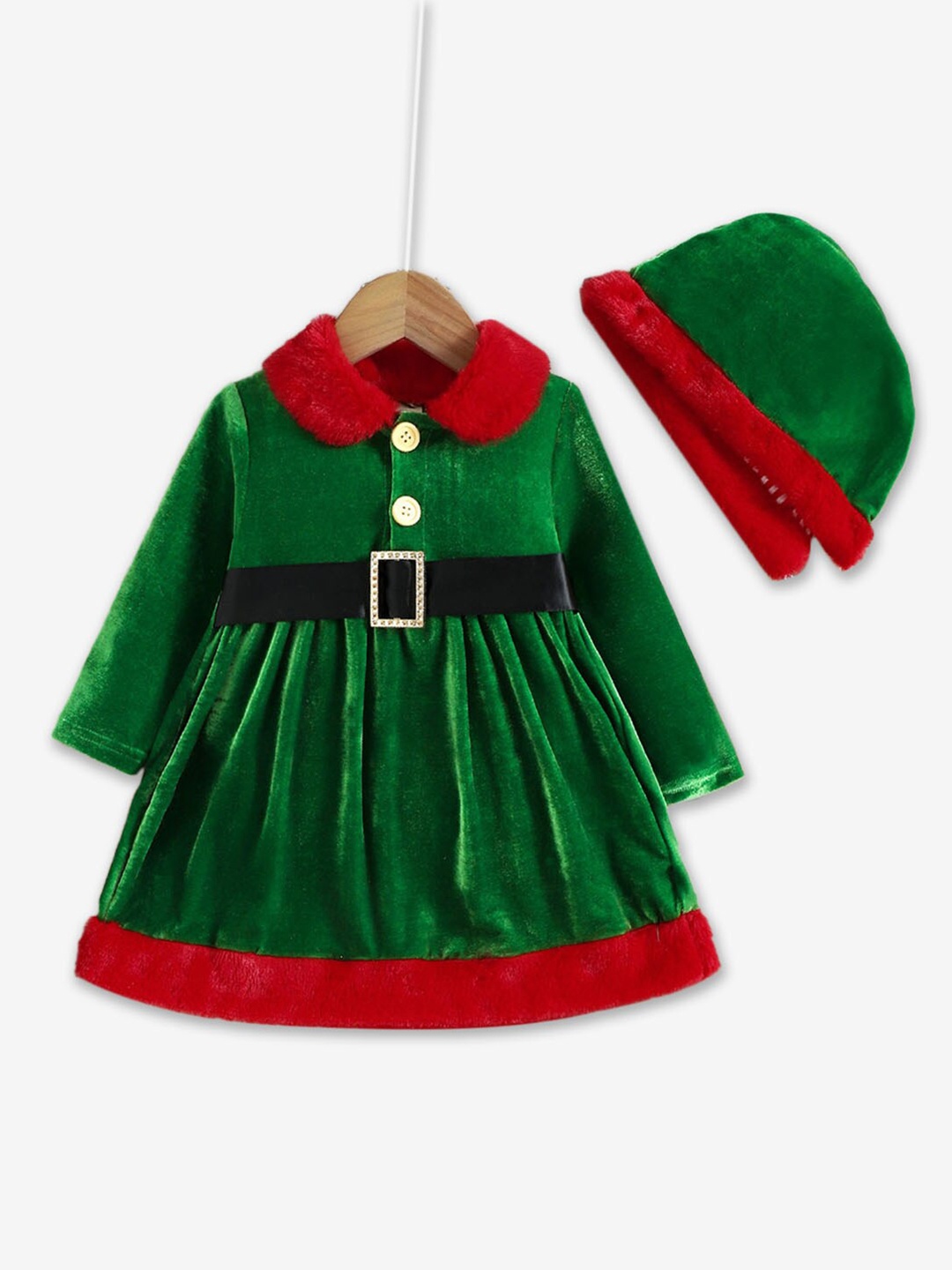 

Hopscotch Girls Peter Pan Collar Detachable Hooded Cap Fit & Flare Dress With Belt, Green