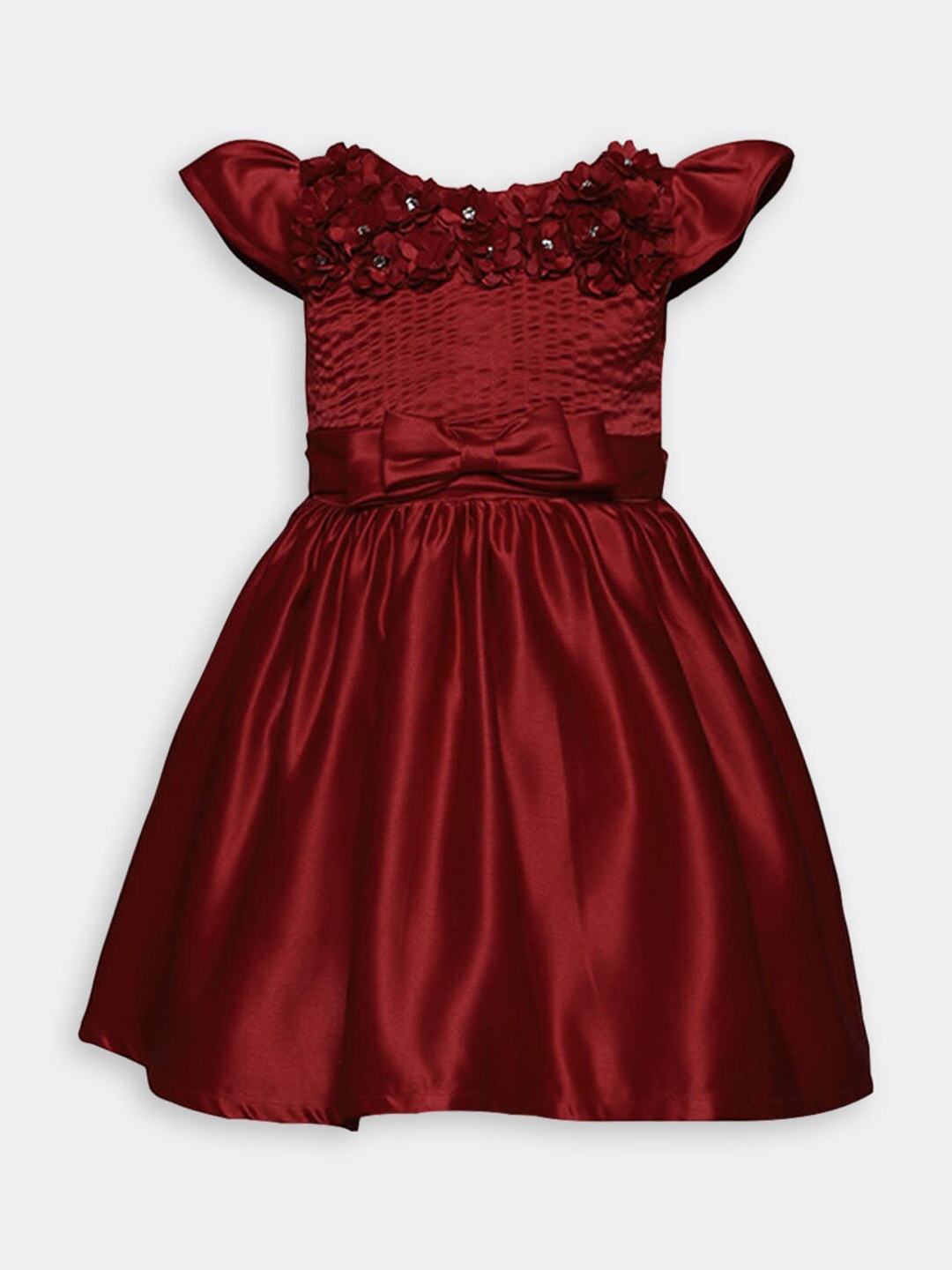 

Hopscotch Girls Round Neck Self Design Bow Fit & Flare Dress, Red